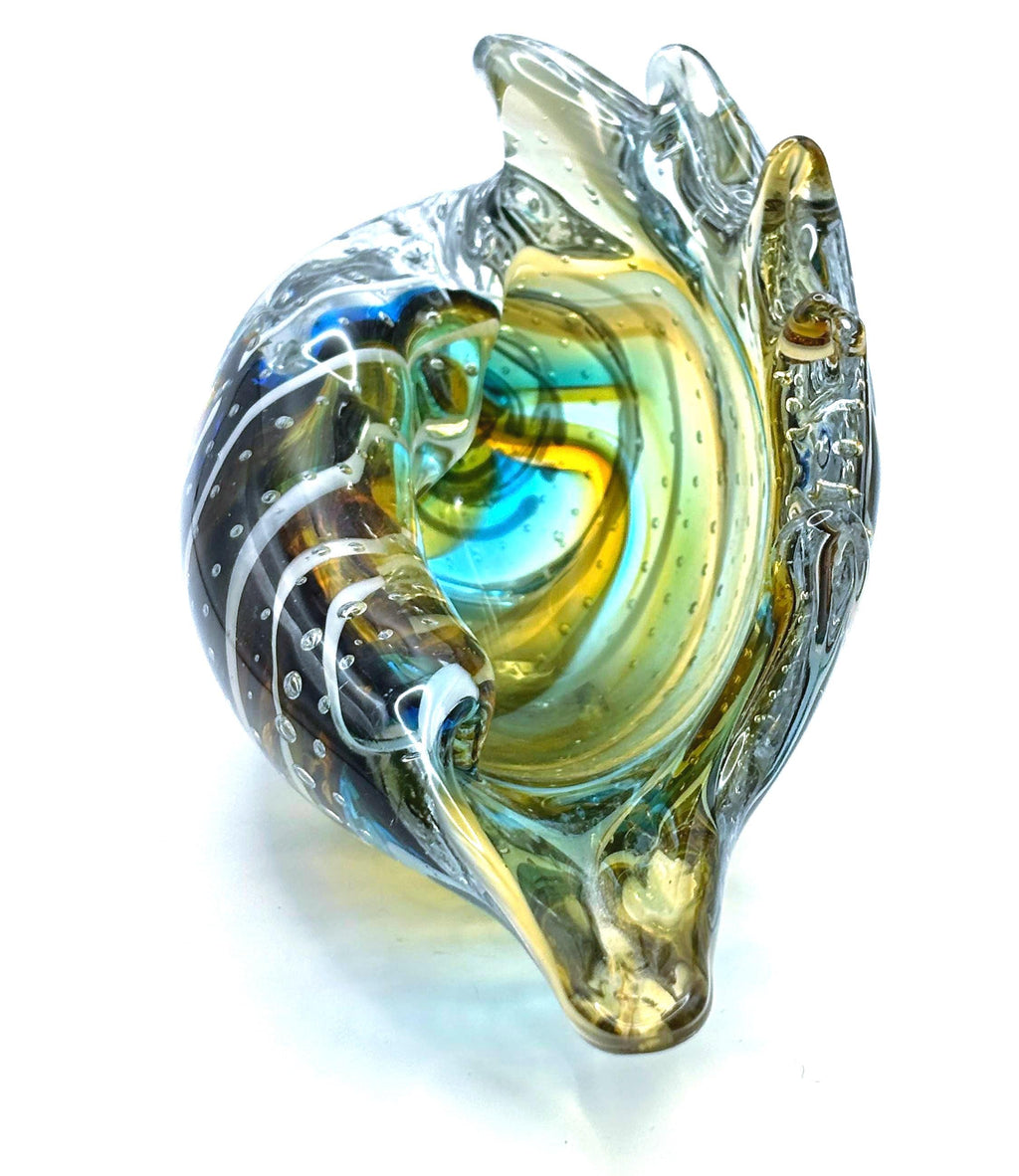 Murano Art Glass Seashell Sculpture – Italian Handblown Aqua Amber Sommerso Bowl