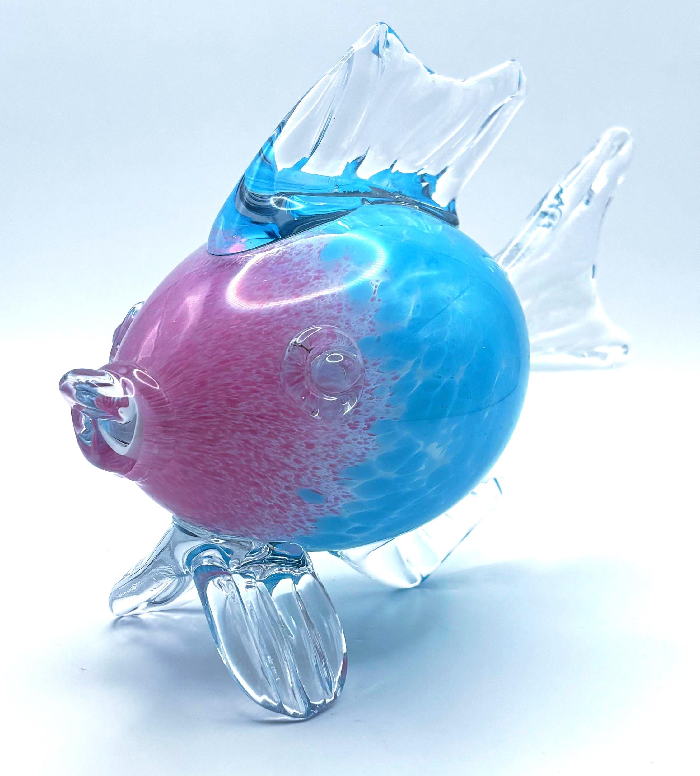 Murano, Archimede Seguso Handblown Glass Fish Sculpture Aqua Blue Pink