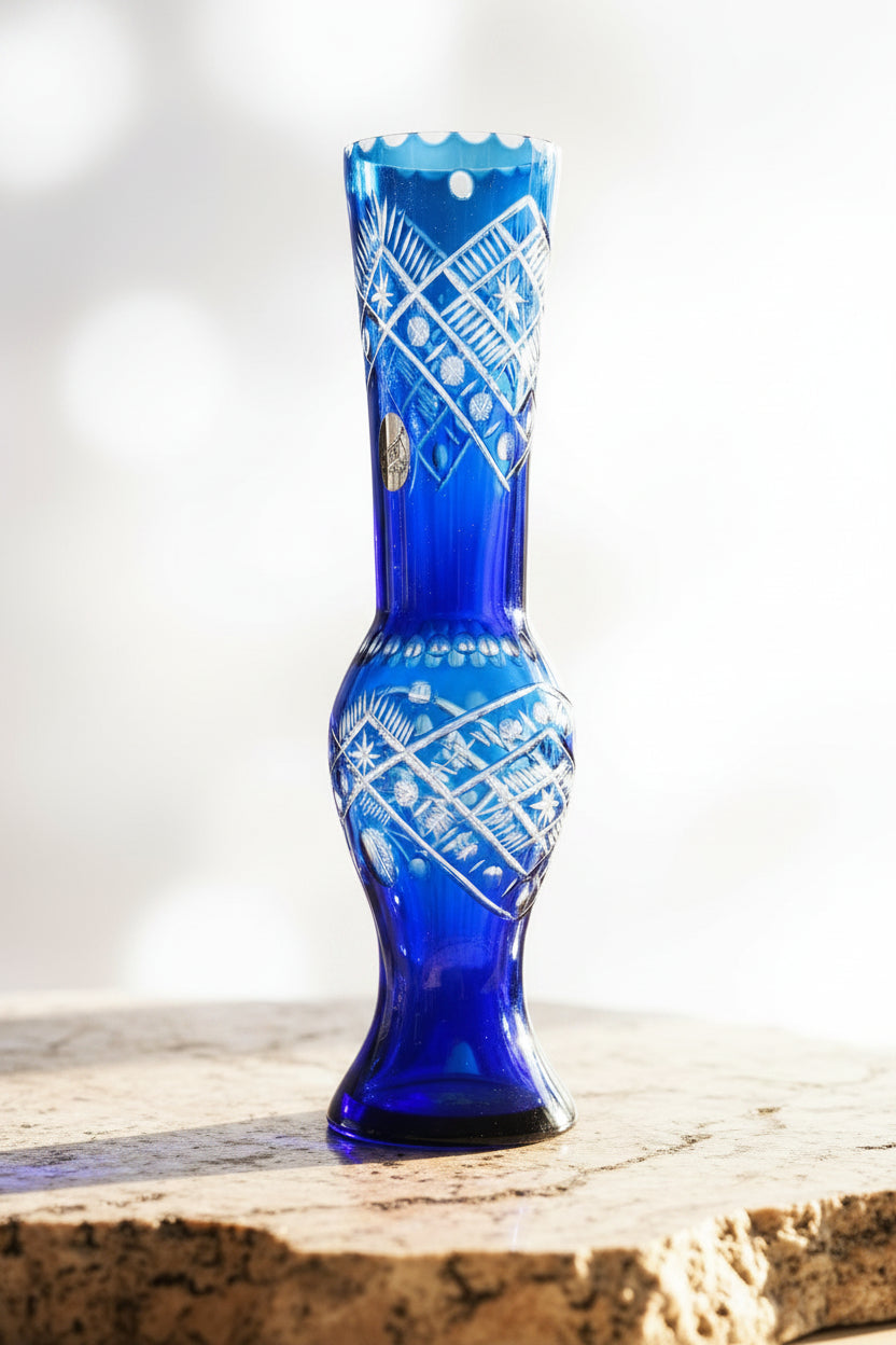 Bohemian, Tall Cobalt Blue Crystal Vase | Hand Cut Czech Glass 28 cm