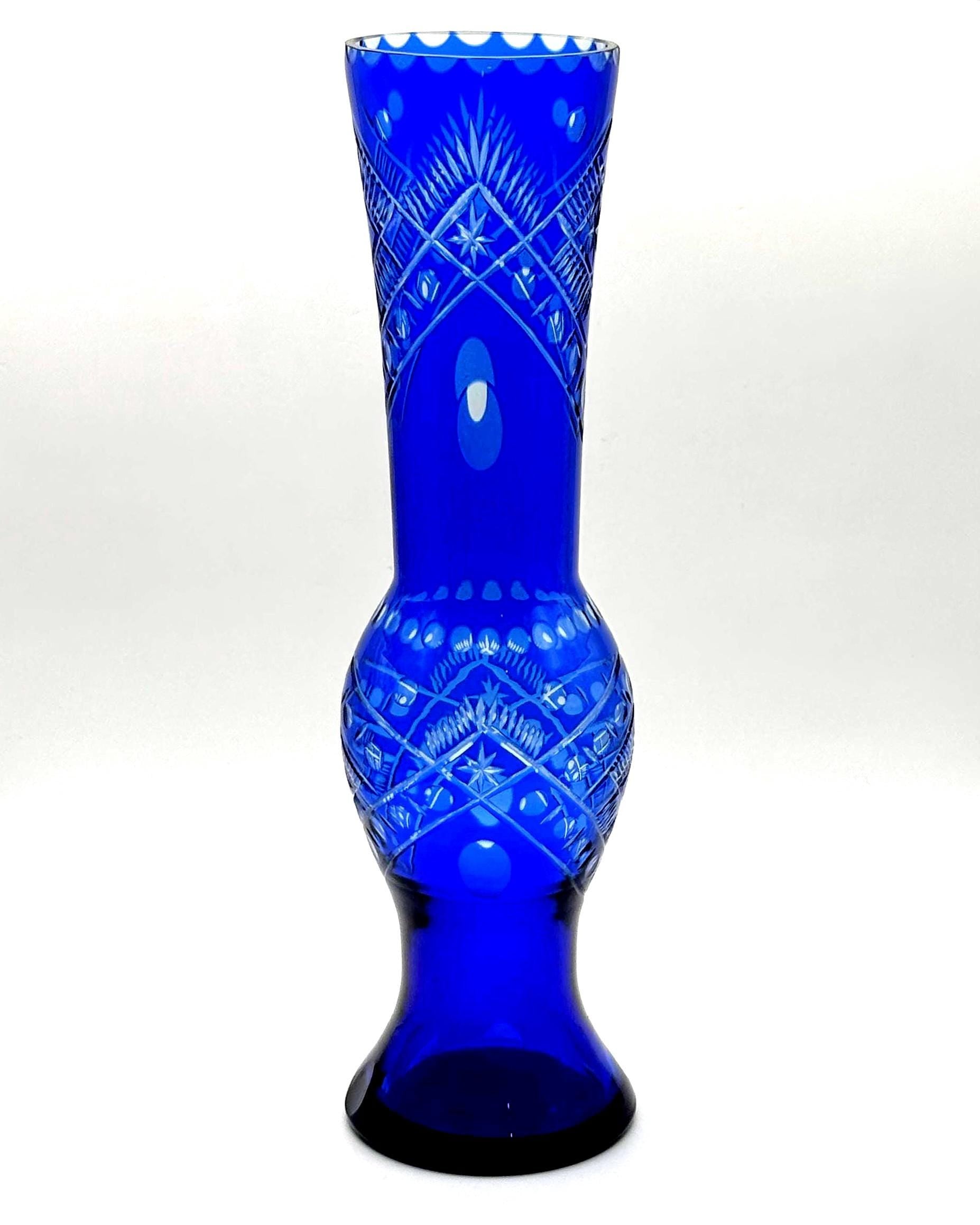 Bohemian, Tall Cobalt Blue Crystal Vase | Hand Cut Czech Glass 28 cm