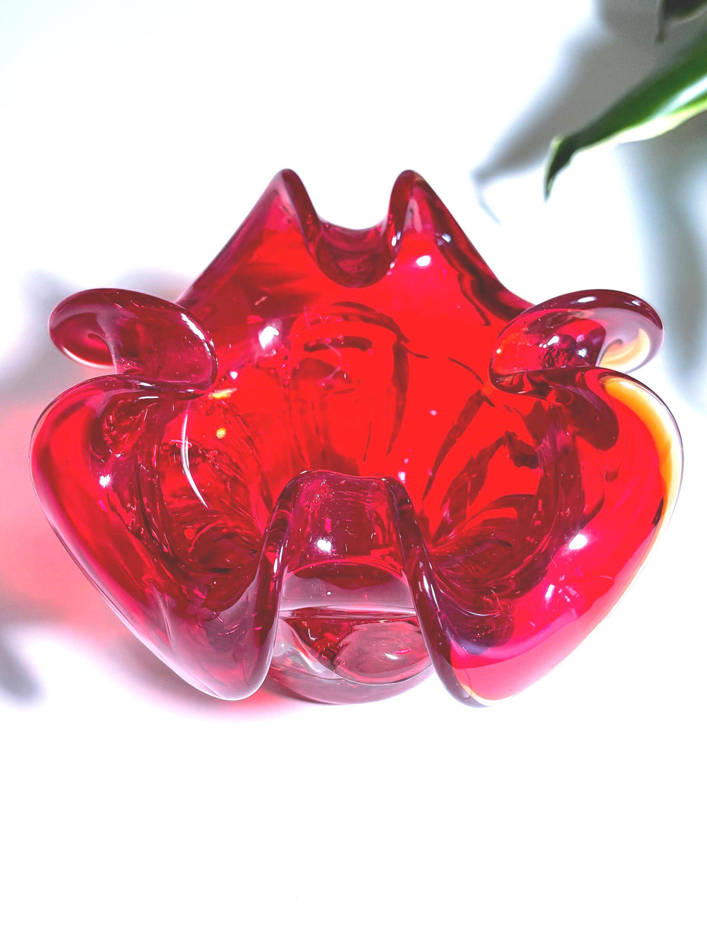 Mid Century Murano-style Belgian Ruby Red Art Glass Bowl  Sculptural Plateau Candle Holder