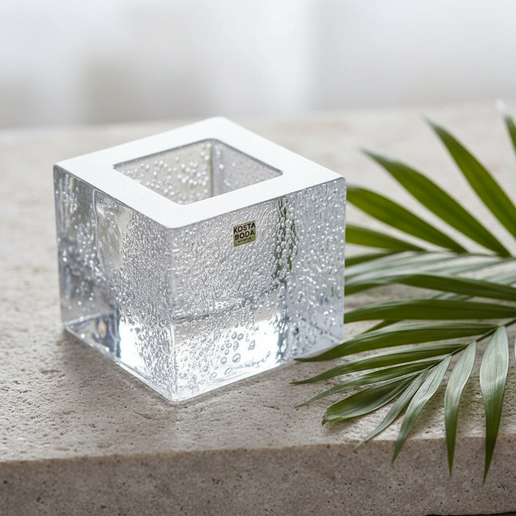 Vintage Kosta Boda Brick Crystal Votive, Anna Ehrner | Scandinavian Ice Glass Candle Holder