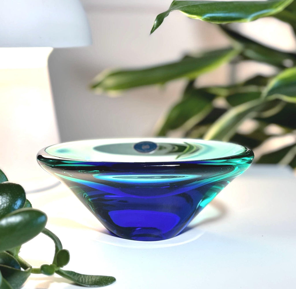 Miloslav Klinger Art Glass Bowl – Czech Sculptural Blue Turquoise Centerpiece, Scandinavian Decor