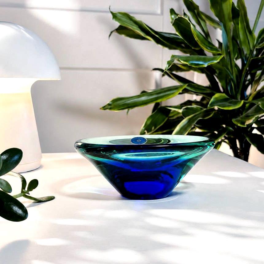 Miloslav Klinger Art Glass Bowl – Czech Sculptural Blue Turquoise Centerpiece, Scandinavian Decor