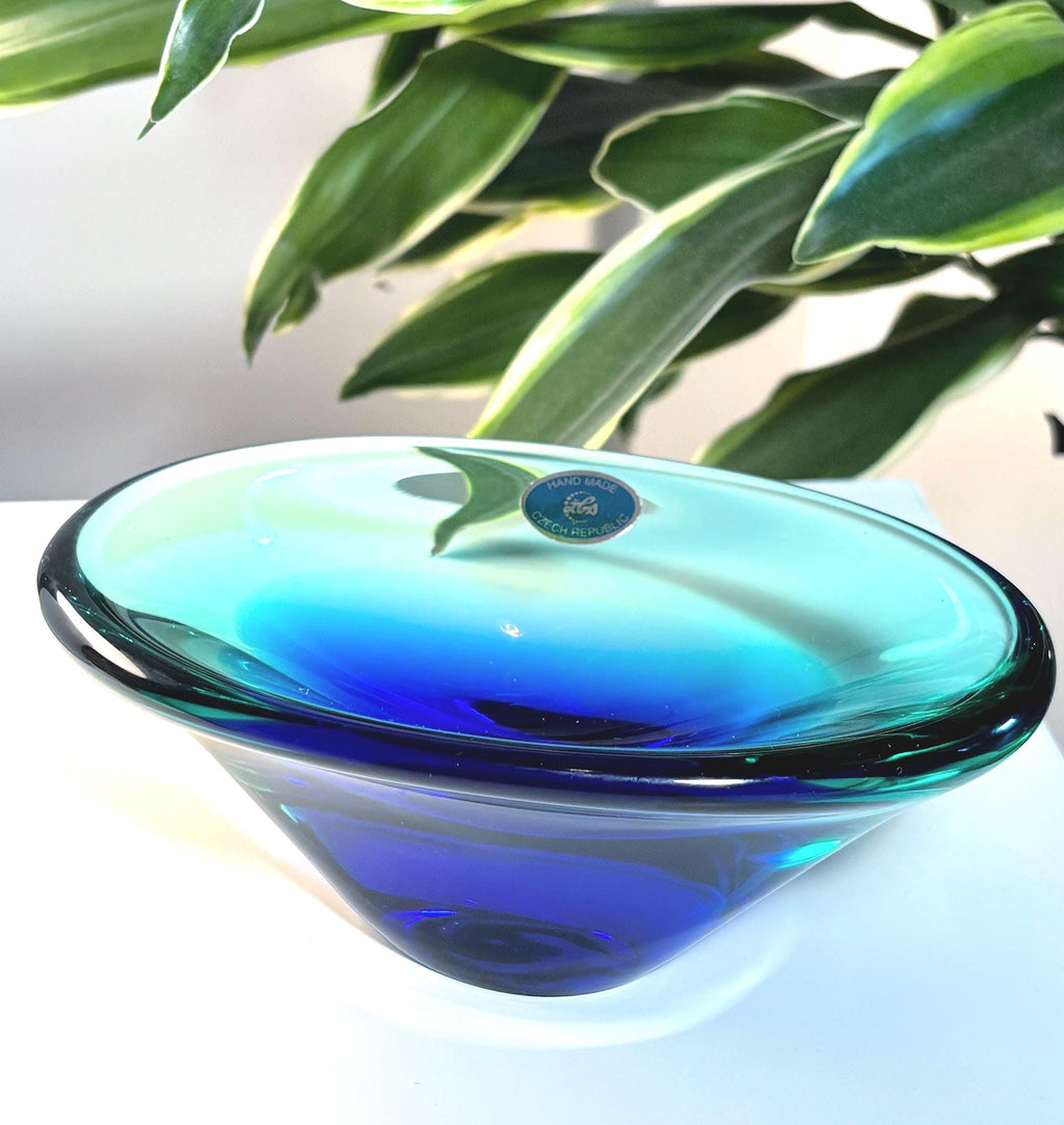 Miloslav Klinger Art Glass Bowl – Czech Sculptural Blue Turquoise Centerpiece, Scandinavian Decor