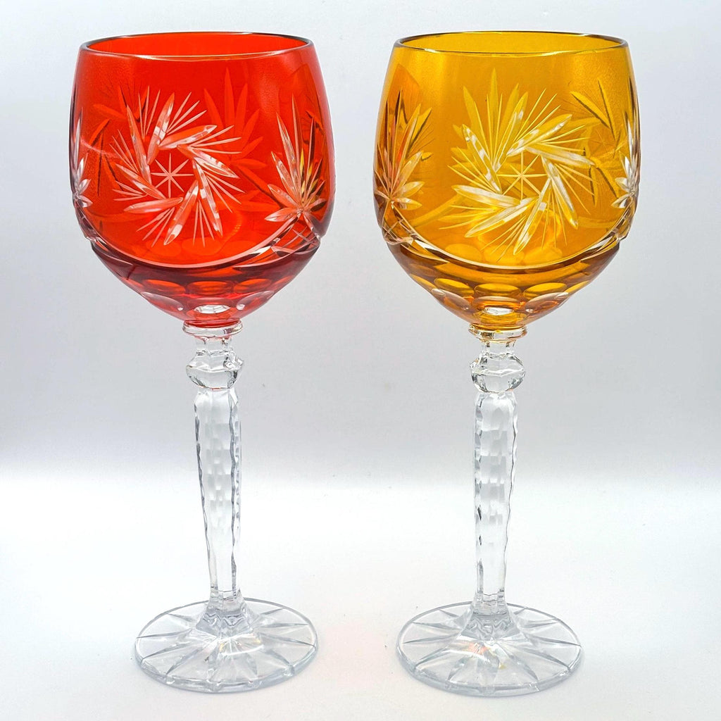 Bohemian, Large Cut Overlay Crystal Goblets – Amber, Ruby Red Wine Glasses (Set of 2)