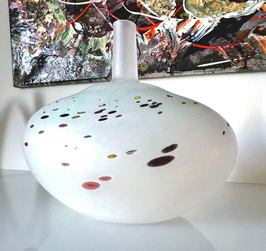 Bertil Vallien, Limited Edition Kosta Boda Art Glass Vase – SIBYART, Frosted White, Multicolor Inclusions