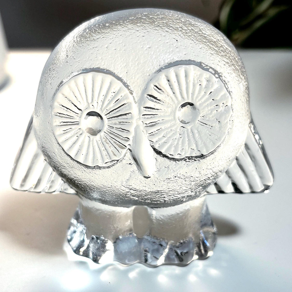 Lisa Larson Crystal Owl Figurine, Royal Krona Sweden, Scandinavian Glass Sculpture, Mid Century Modern