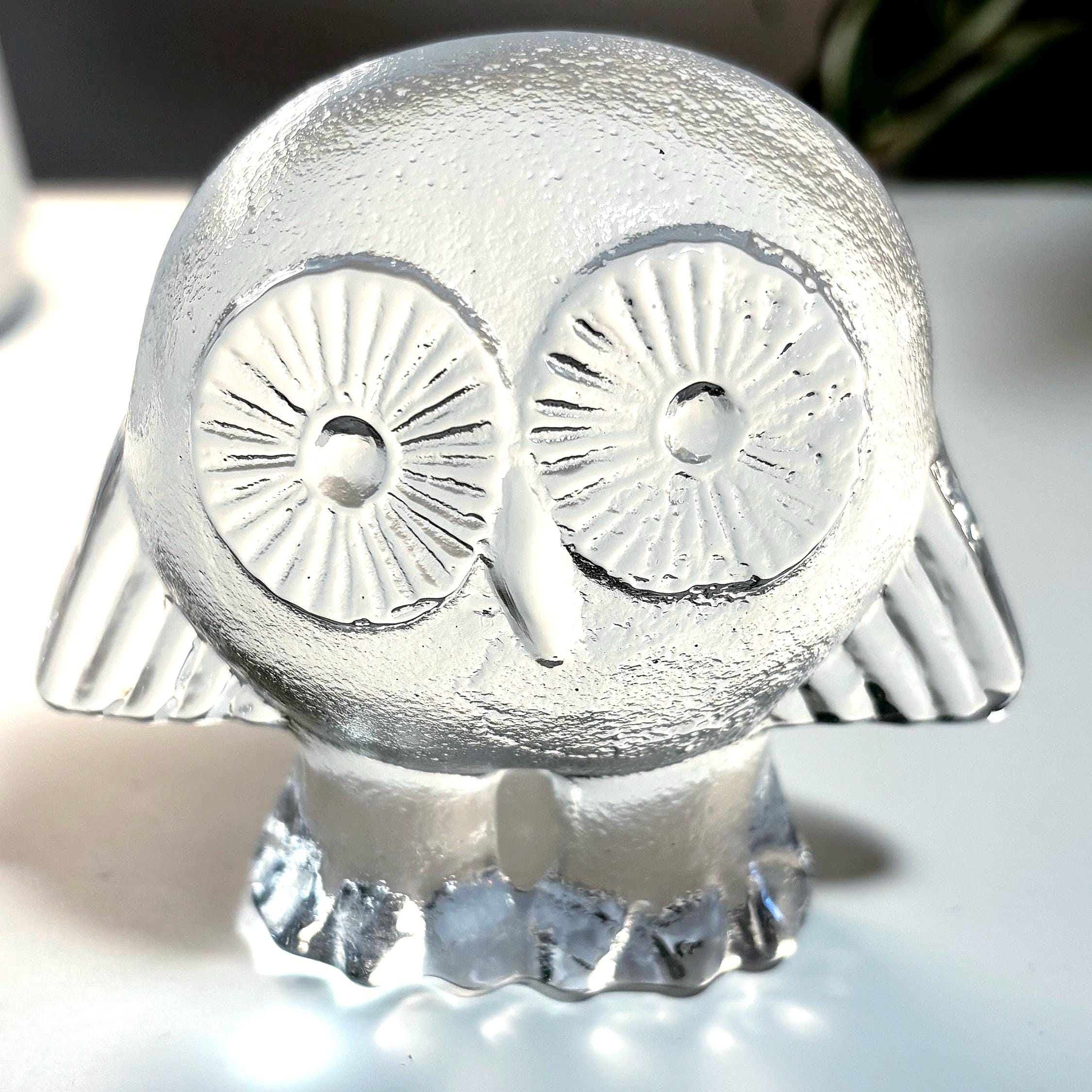 Lisa Larson Crystal Owl Figurine, Royal Krona Sweden, Scandinavian Glass Sculpture, Mid Century Modern