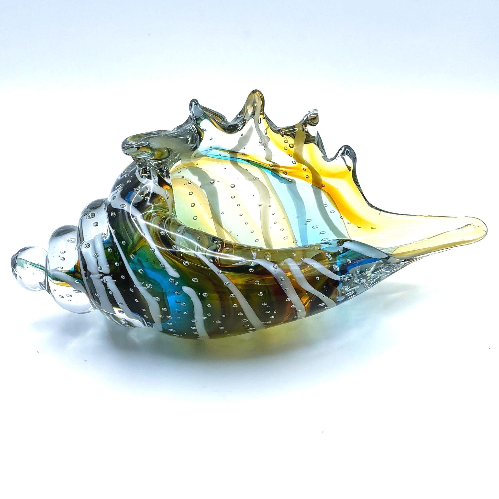 Murano Art Glass Seashell Sculpture – Italian Handblown Aqua Amber Sommerso Bowl