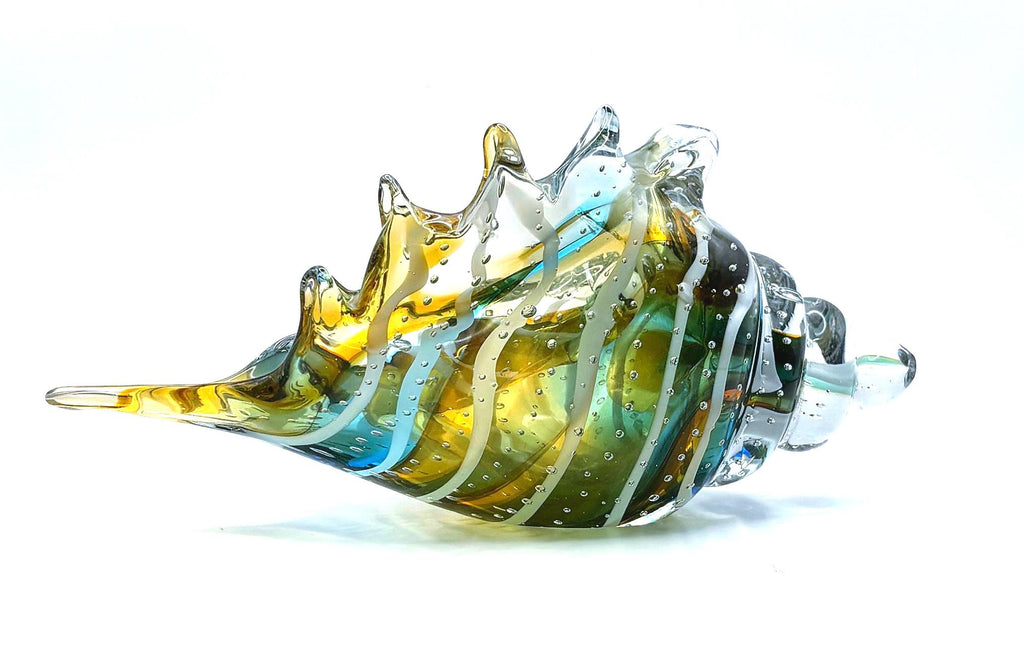 Murano Art Glass Seashell Sculpture – Italian Handblown Aqua Amber Sommerso Bowl