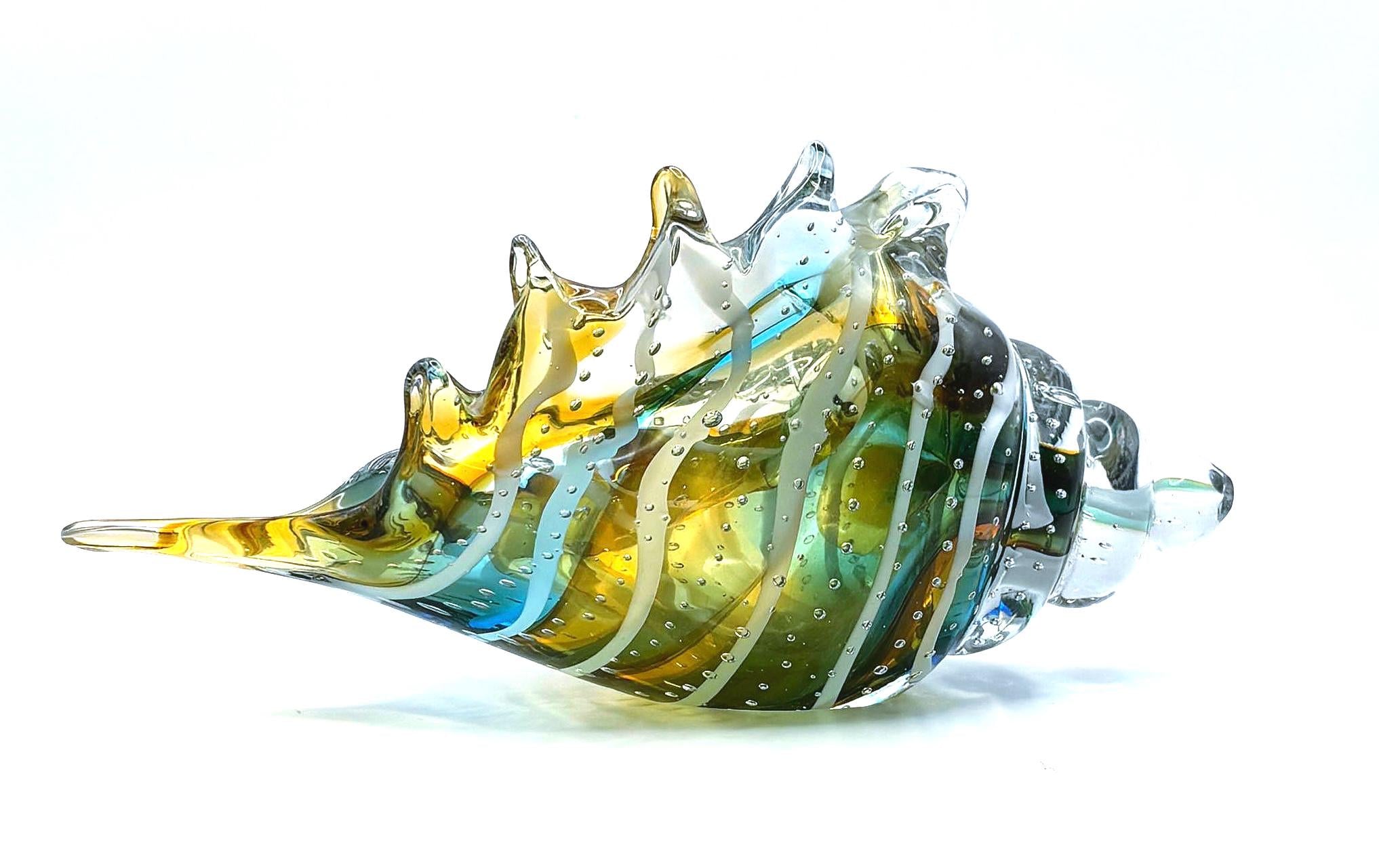 Murano Art Glass Seashell Sculpture – Italian Handblown Aqua Amber Sommerso Bowl