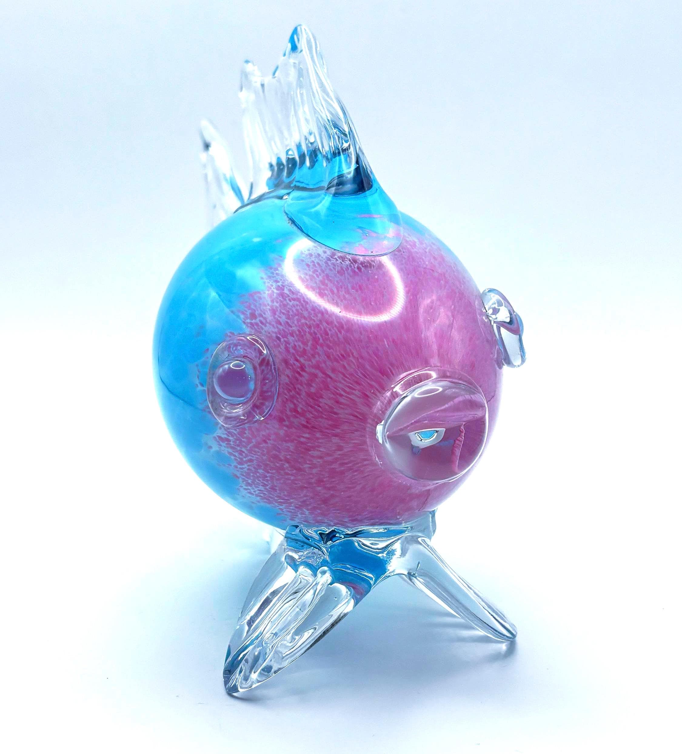 Murano, Archimede Seguso Handblown Glass Fish Sculpture Aqua Blue Pink