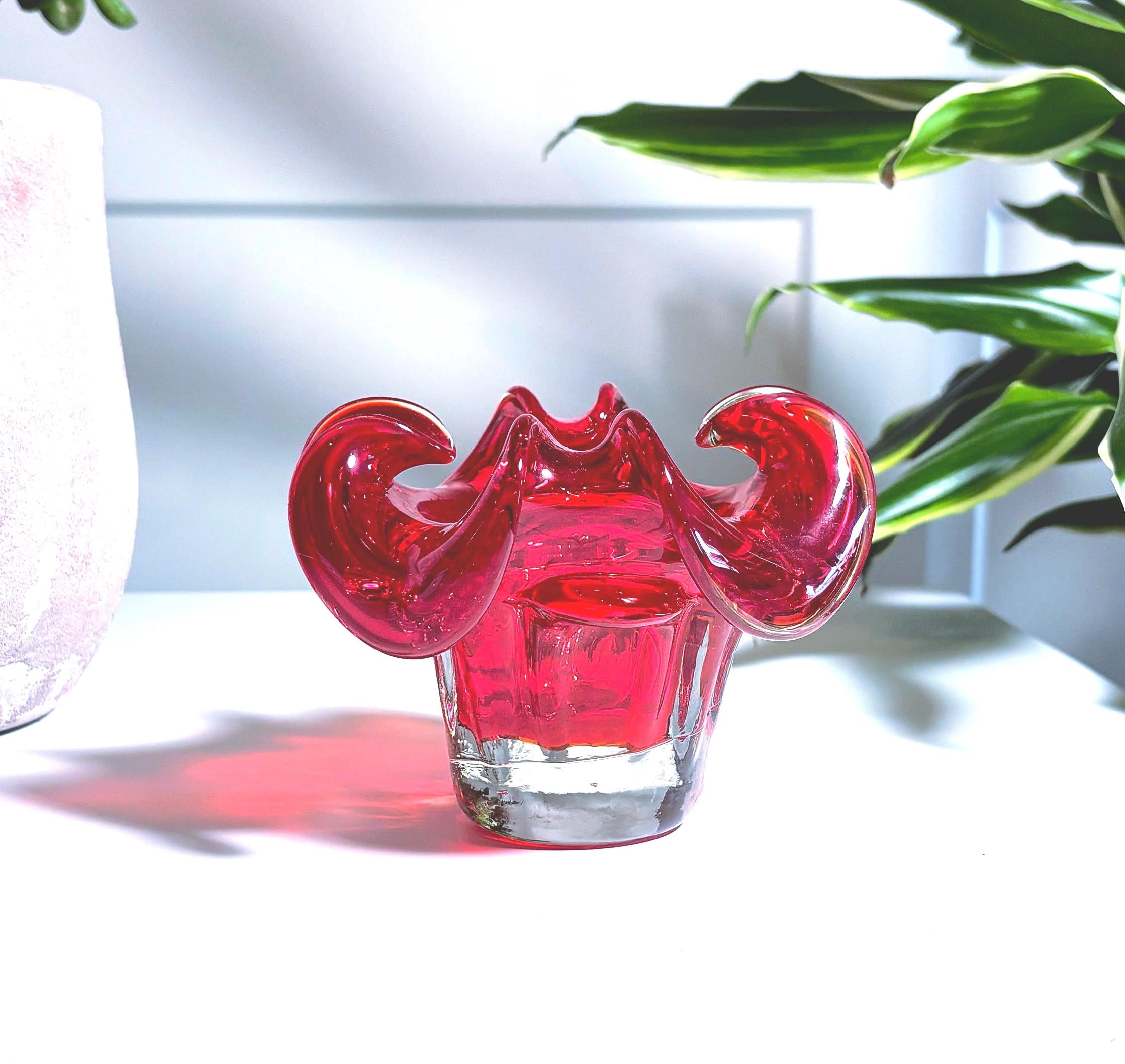 Mid Century Belgian Ruby Red Art Glass Bowl – Sculptural Plateau Candle Holder