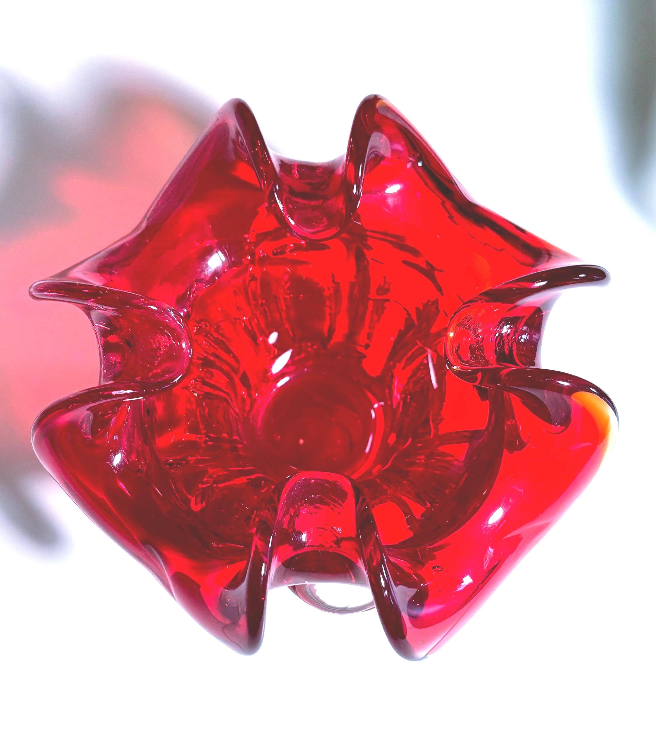 Mid Century Belgian Ruby Red Art Glass Bowl – Sculptural Plateau Candle Holder