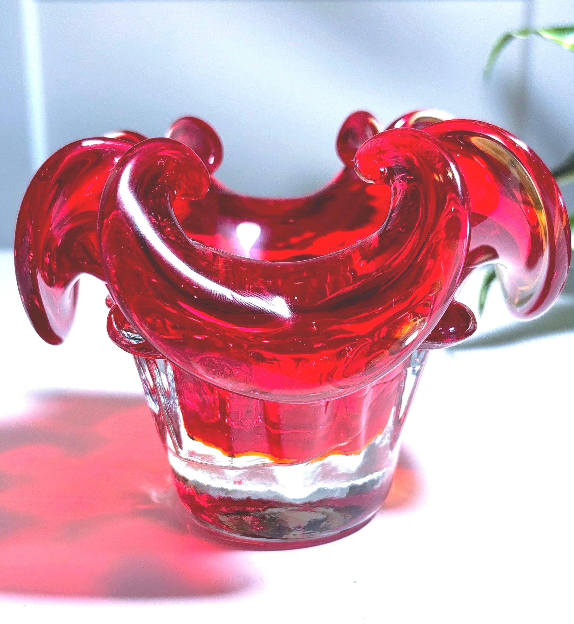 Mid Century Belgian Ruby Red Art Glass Bowl – Sculptural Plateau Candle Holder
