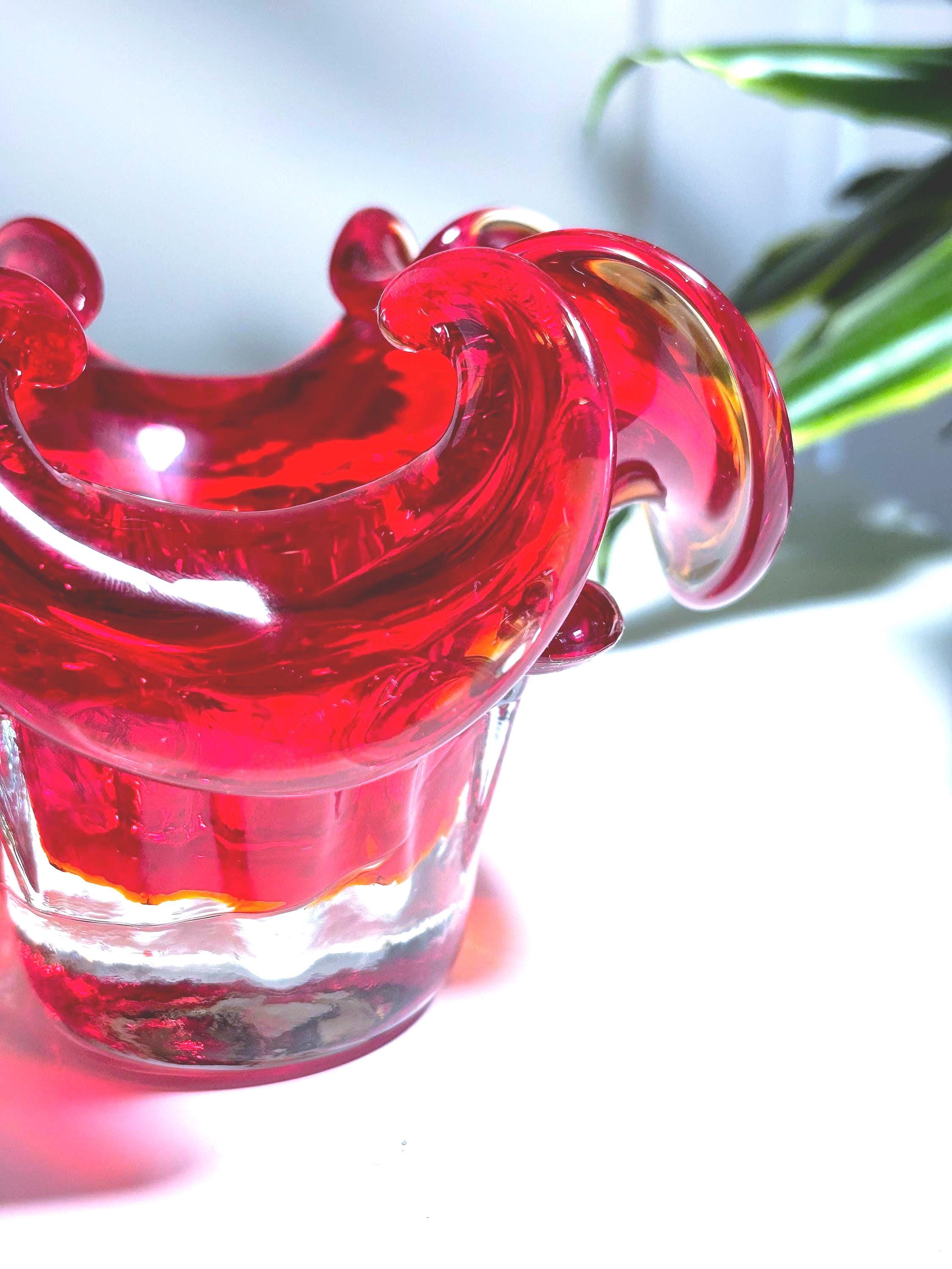 Mid Century Murano-style Belgian Ruby Red Art Glass Bowl  Sculptural Plateau Candle Holder