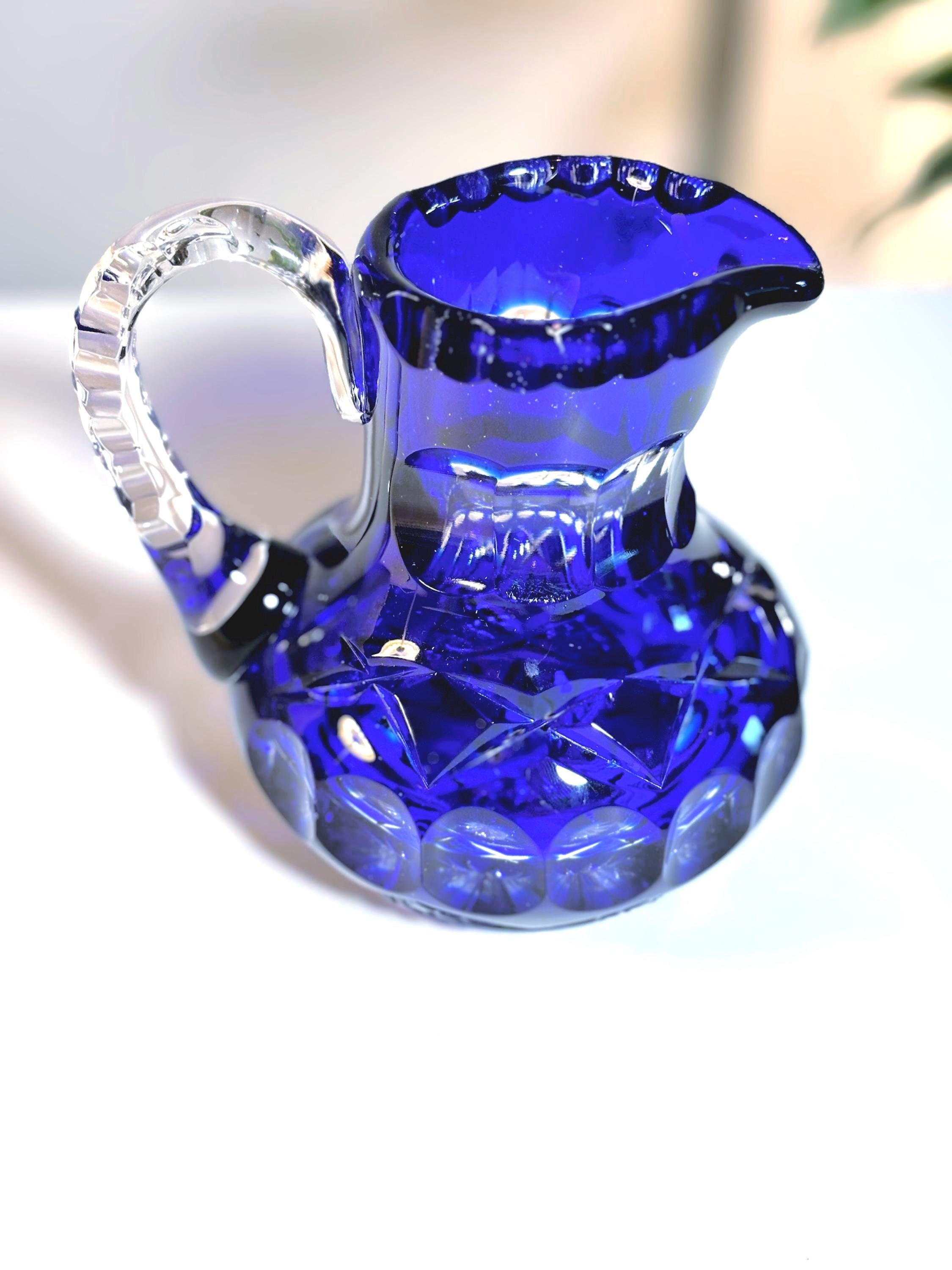 Cobalt Blue Lead Crystal Pitcher | Pinwheel Cut Bohemian Glass Jug
