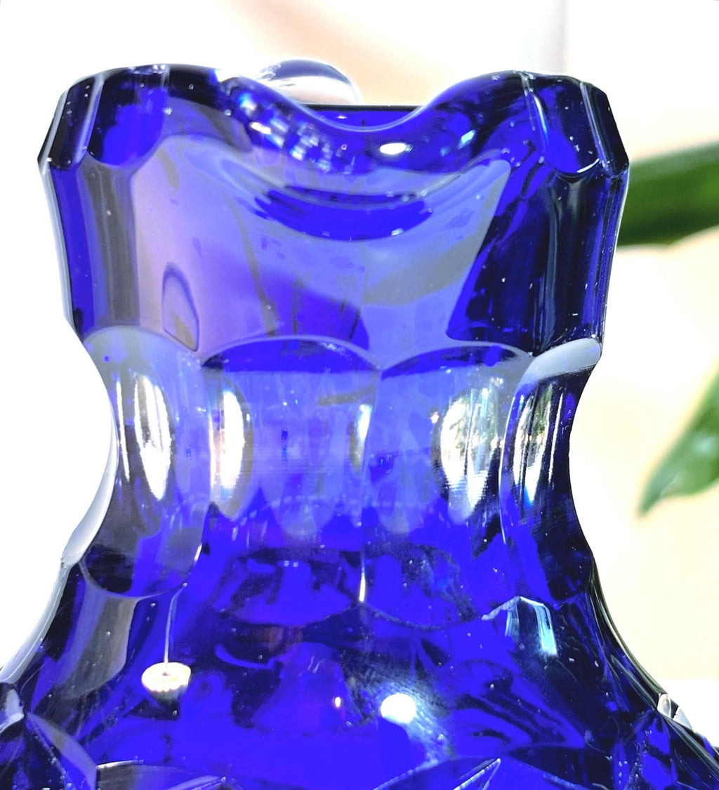 Cobalt Blue Lead Crystal Pitcher | Pinwheel Cut Bohemian Glass Jug