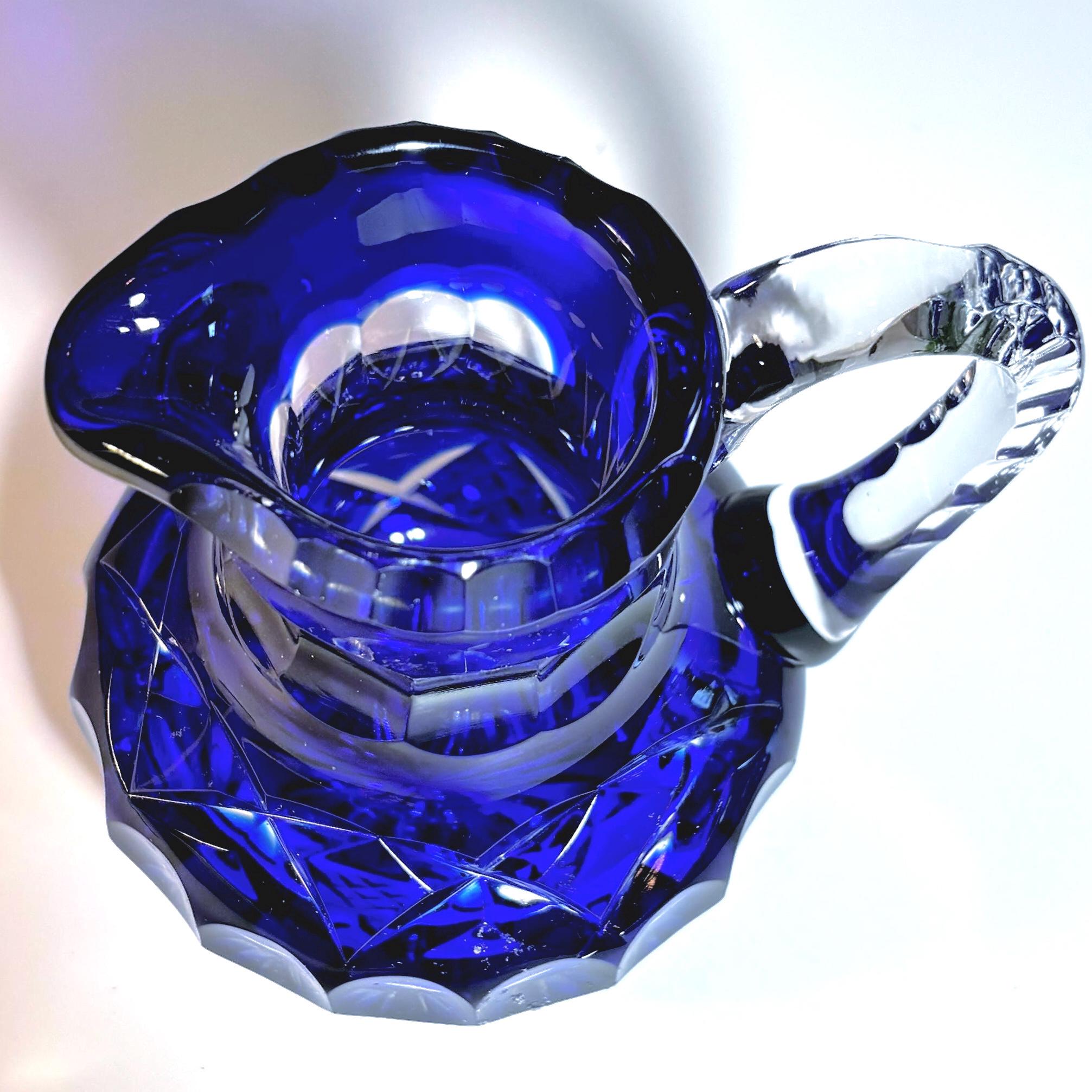 Cobalt Blue Lead Crystal Pitcher | Pinwheel Cut Bohemian Glass Jug