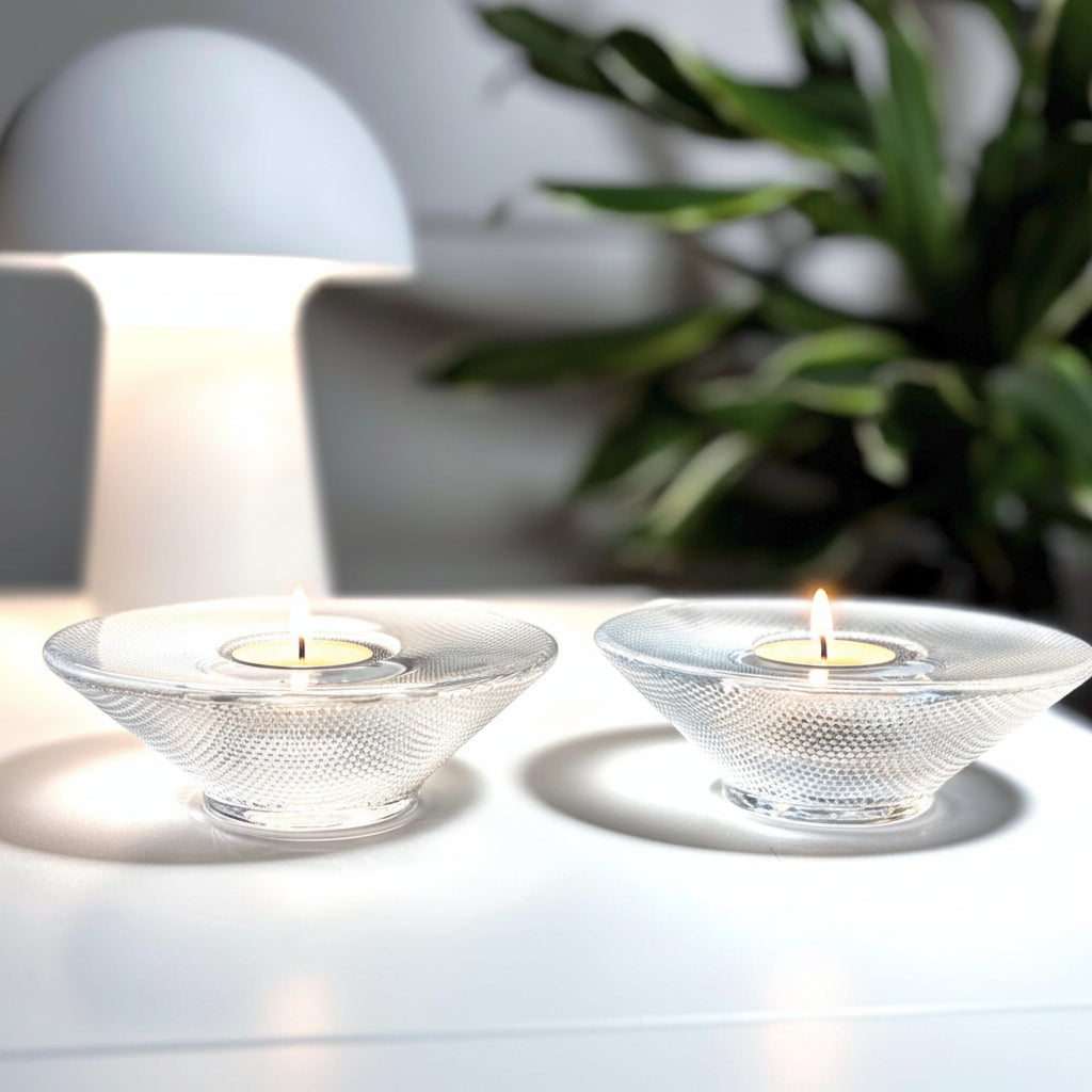 Kosta Boda, Göran Wärff, Crystal Candle Holders Pair | Scandinavian Mid Century Art Glass
