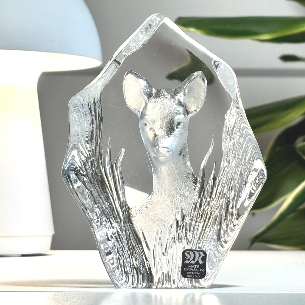 Mats Jonasson Crystal Deer Sculpture | Signed Swedish Art Glass Figurine