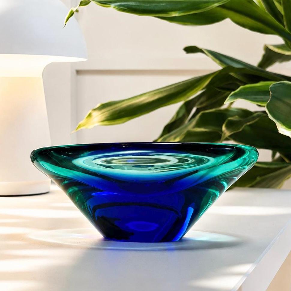 Miloslav Klinger Art Glass Bowl – Czech Sculptural Blue Turquoise Centerpiece, Scandinavian Decor