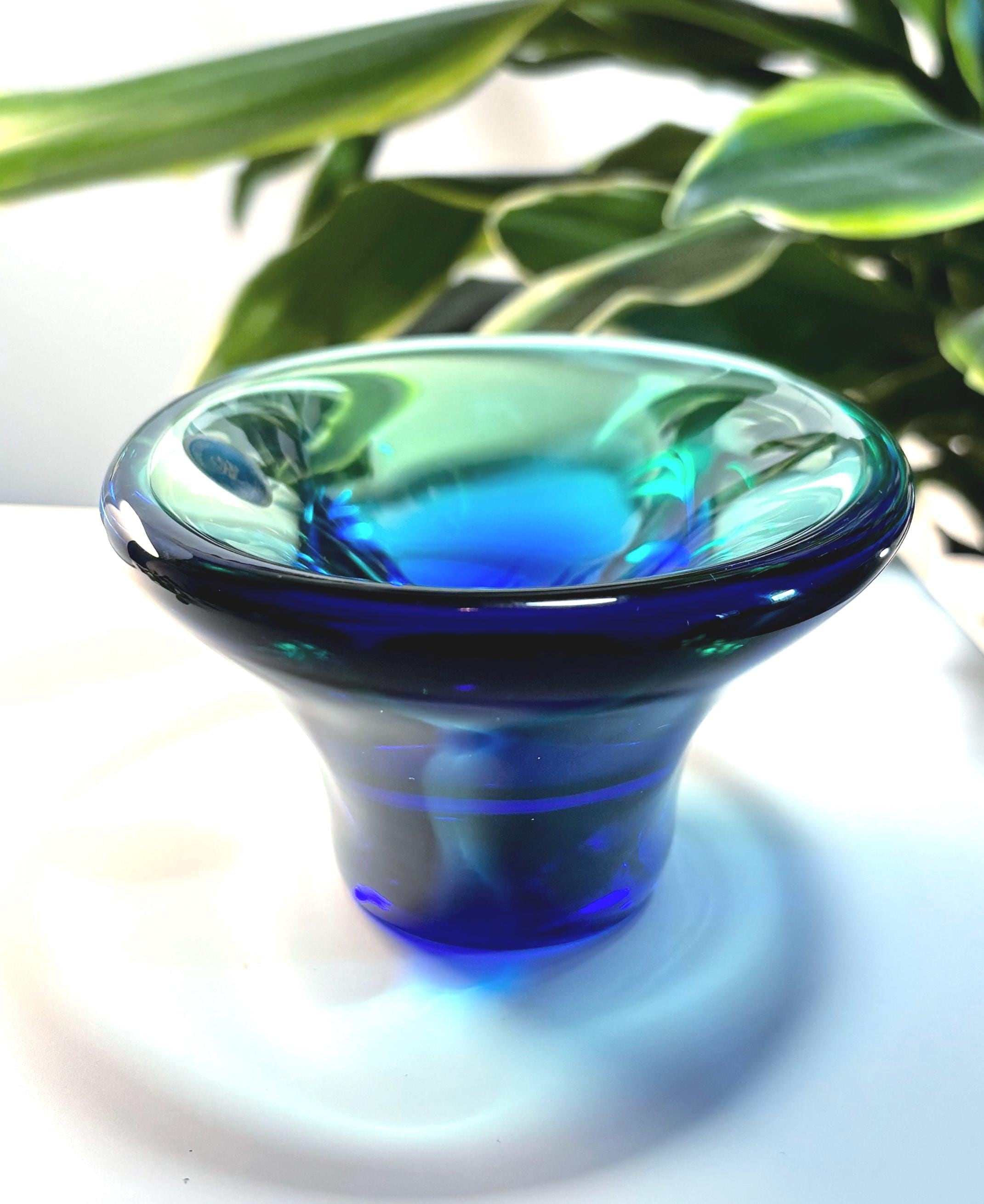 Miloslav Klinger Art Glass Bowl – Czech Sculptural Blue Turquoise Centerpiece, Scandinavian Decor