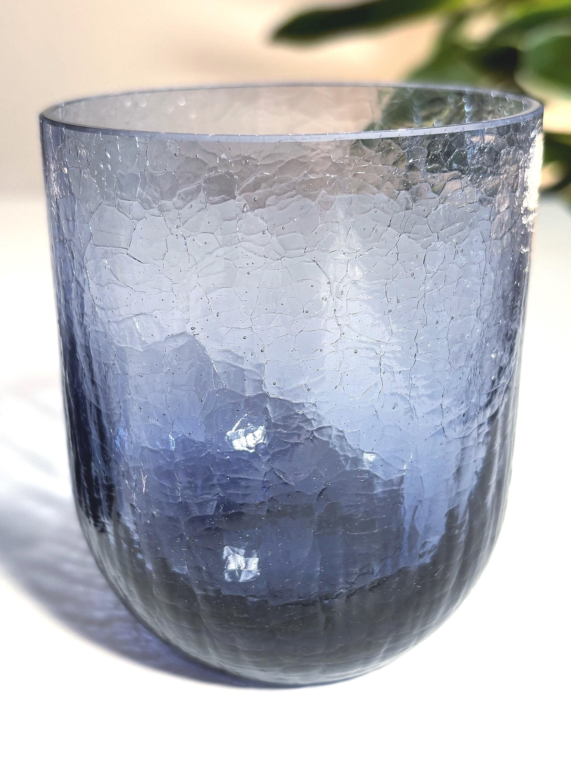 Vintage Scandinavian Crackle Glass Votive Holders | Amethyst Blue Ombre Nordic Art Glass Pair