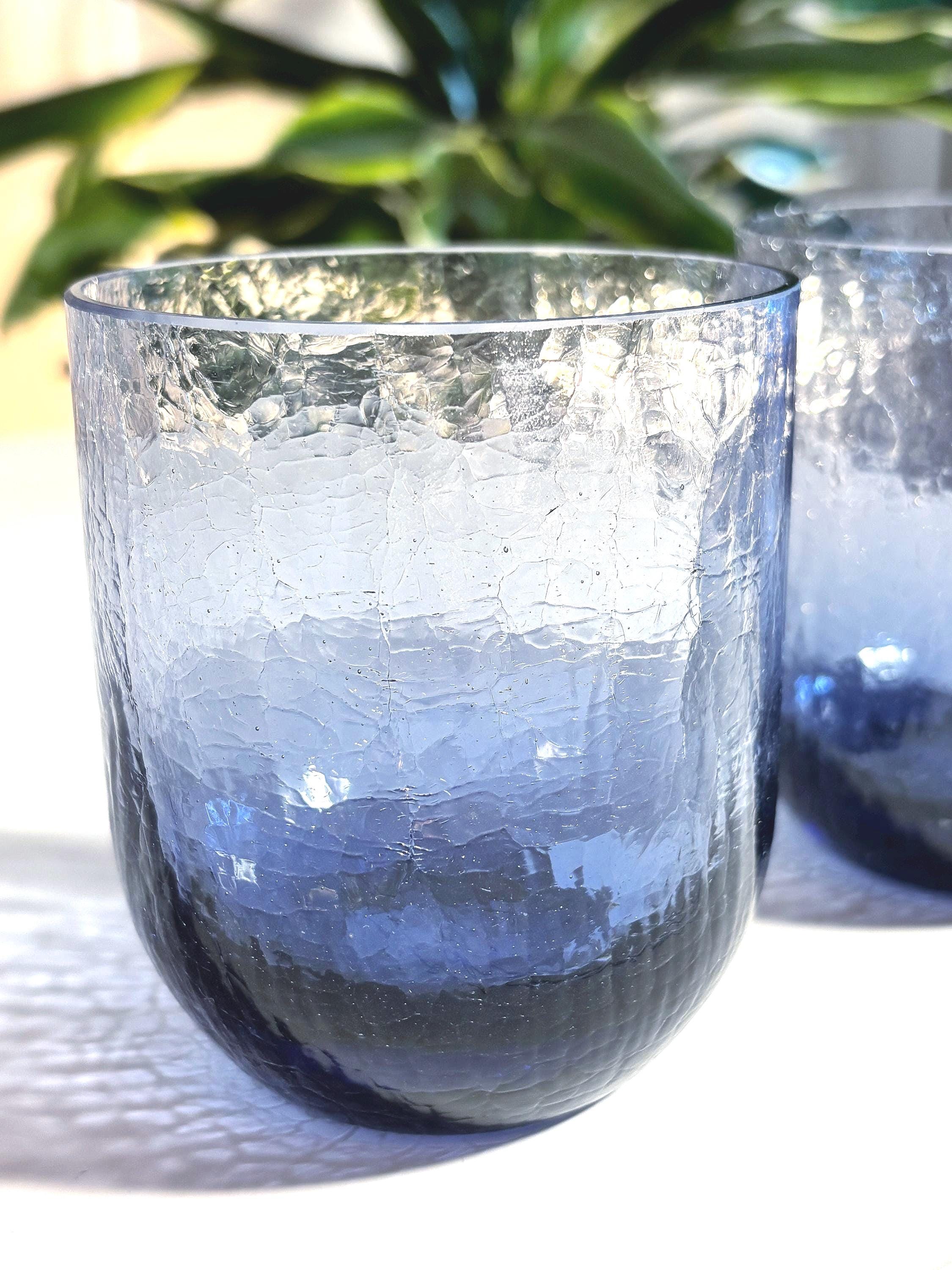 Vintage Scandinavian Crackle Glass Votive Holders | Amethyst Blue Ombre Nordic Art Glass Pair