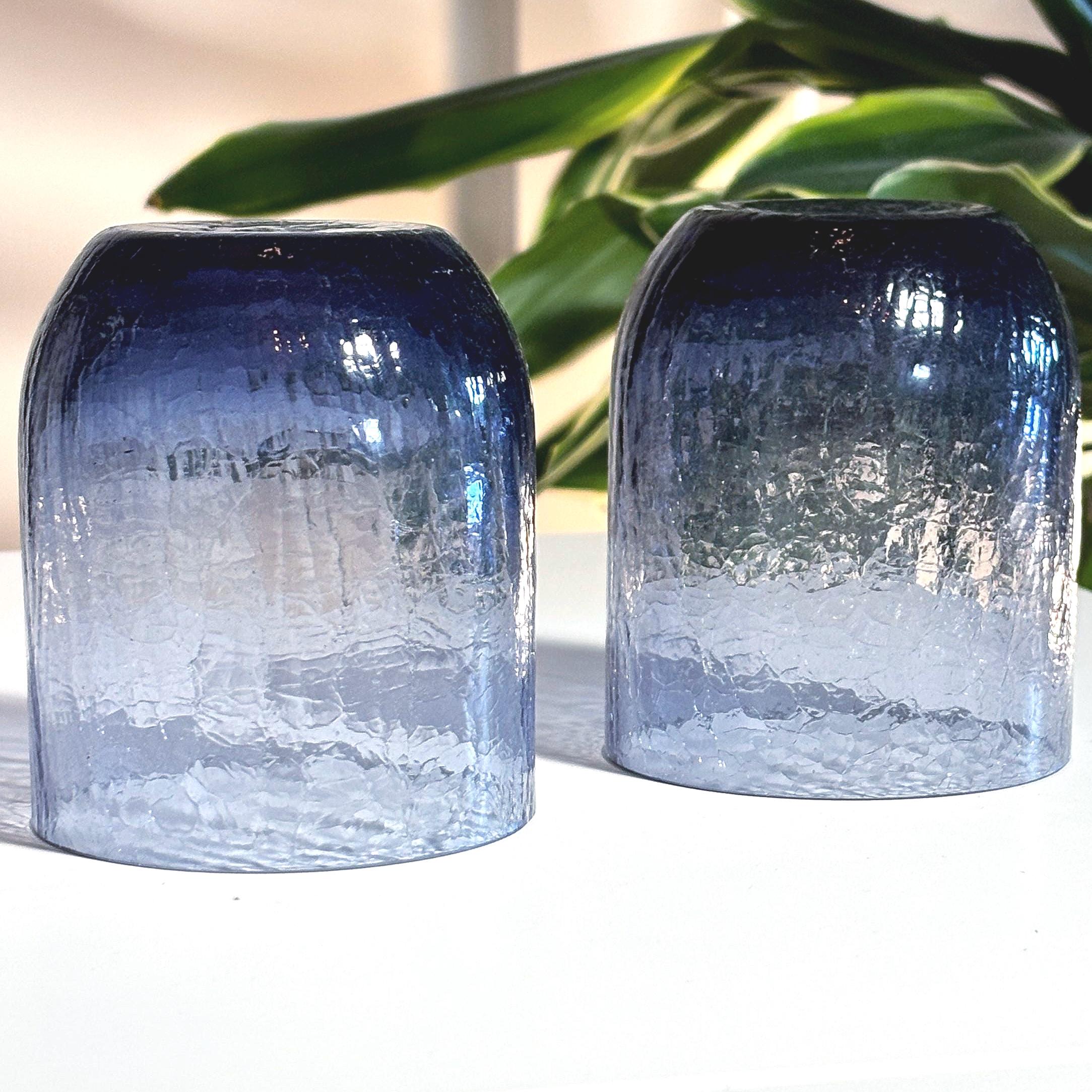 Vintage Scandinavian Crackle Glass Votive Holders | Amethyst Blue Ombre Nordic Art Glass Pair