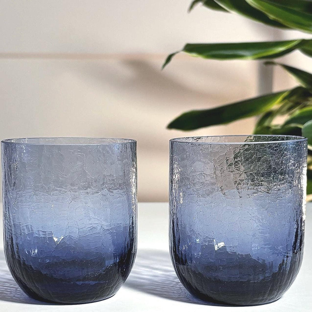 Vintage Scandinavian Crackle Glass Votive Holders | Amethyst Blue Ombre Nordic Art Glass Pair