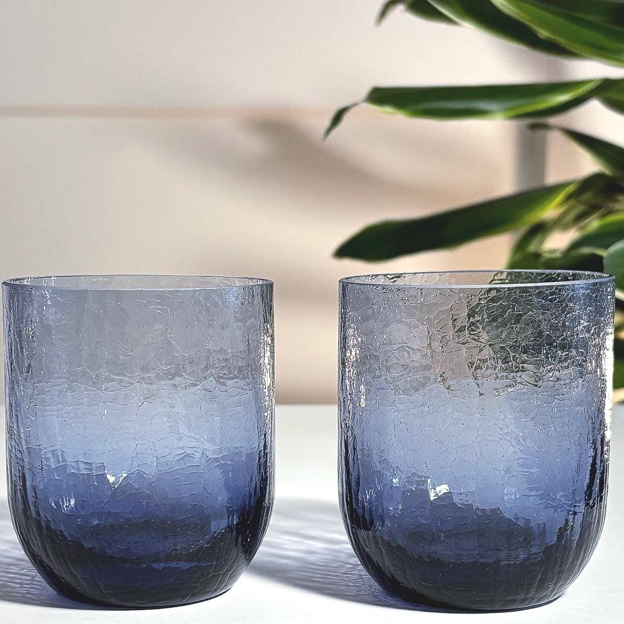 Vintage Scandinavian Crackle Glass Votive Holders | Amethyst Blue Ombre Nordic Art Glass Pair