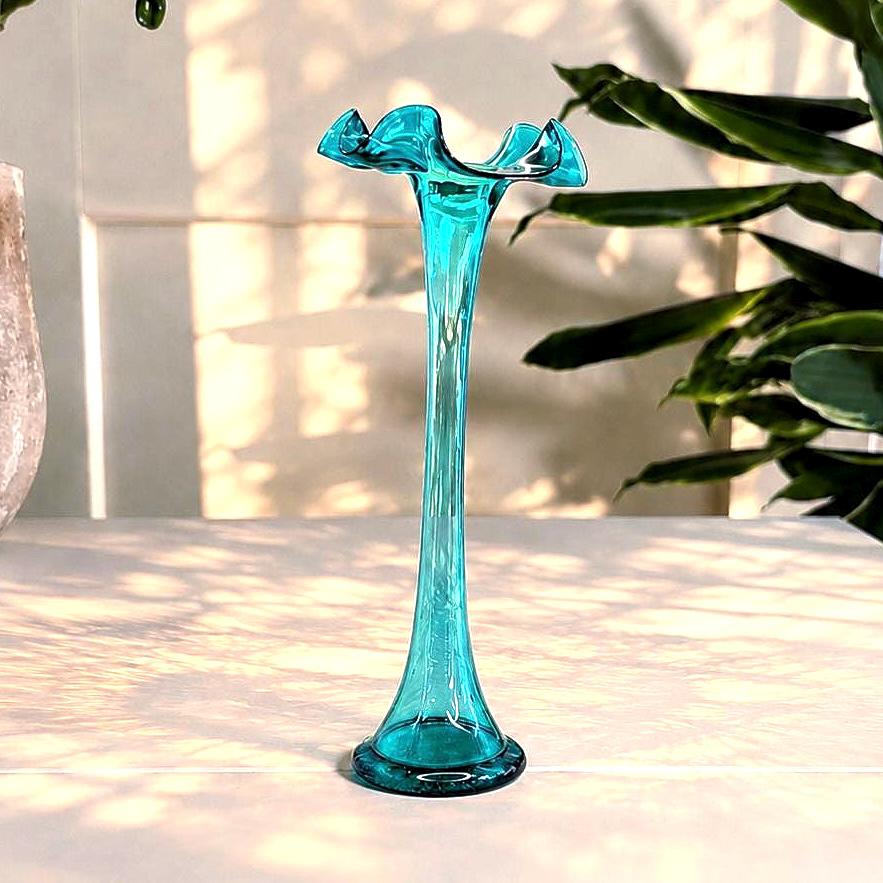 Reijmyre / Åfors, Sweden. Vintage Scandinavian Hand-Blown Ruffle Vase (26 cm)  Aqua Blue Art Glass