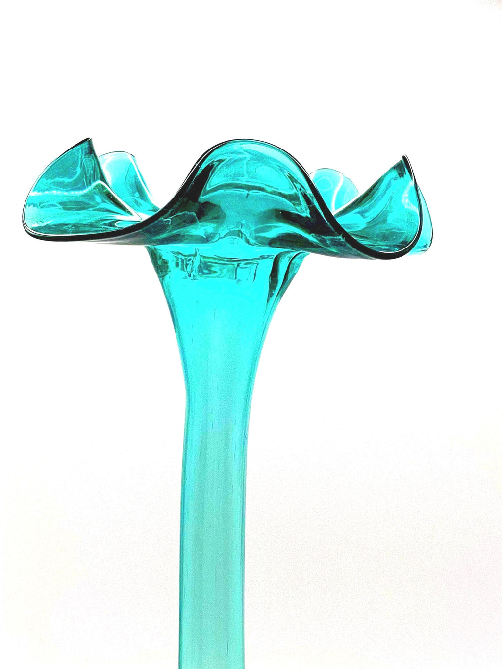 Reijmyre / Åfors, Sweden. Vintage Scandinavian Hand-Blown Ruffle Vase (26 cm)  Aqua Blue Art Glass