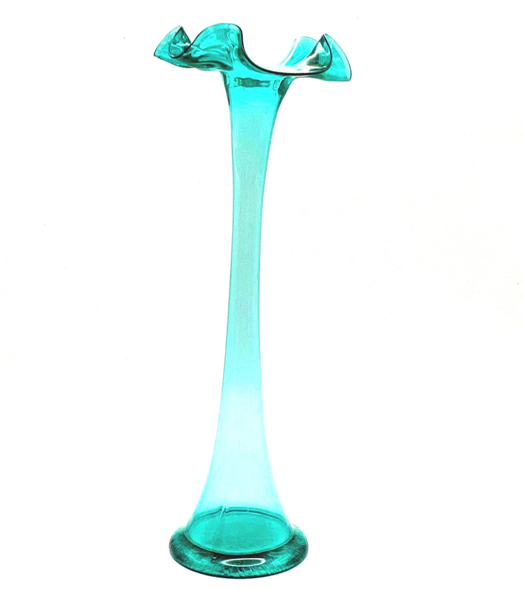 Reijmyre / Åfors, Sweden. Vintage Scandinavian Hand-Blown Ruffle Vase (26 cm)  Aqua Blue Art Glass