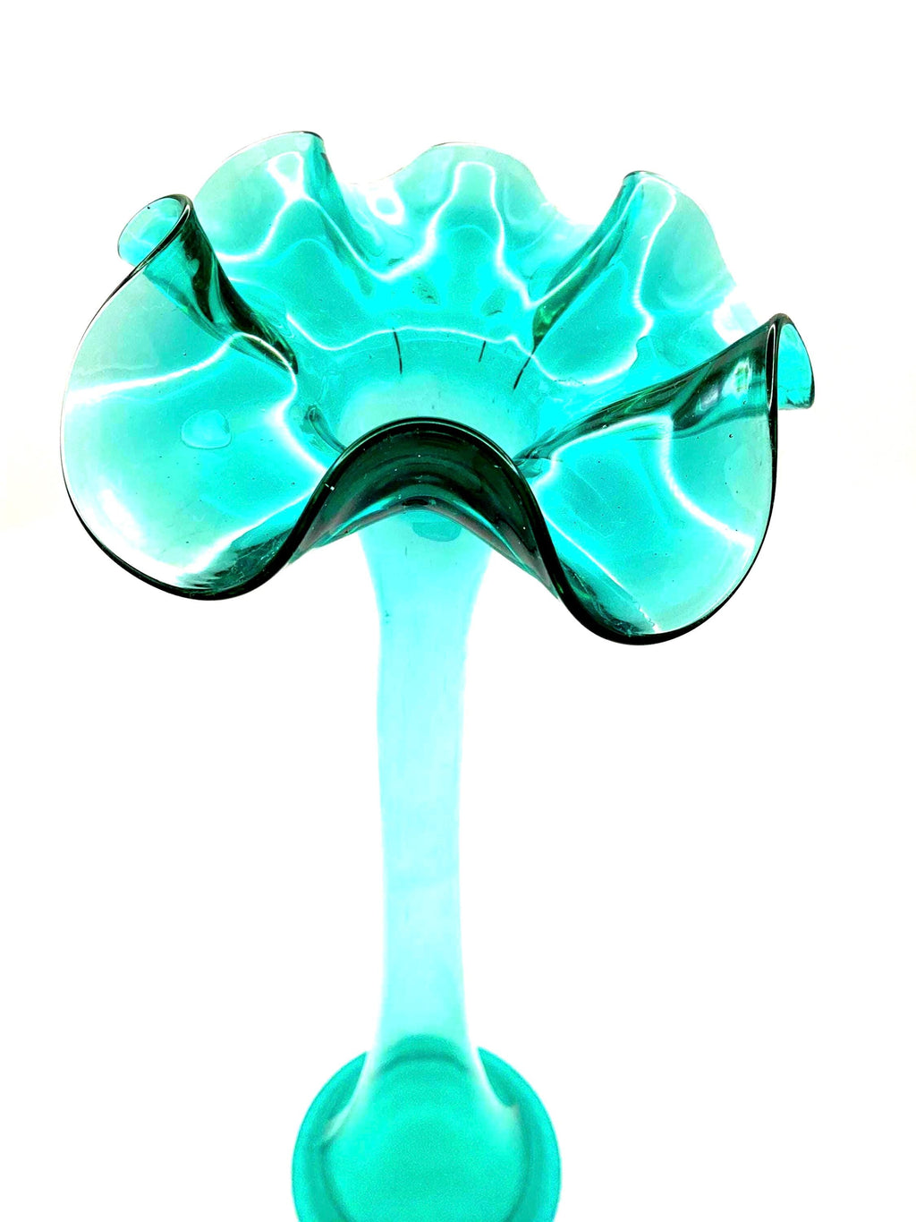 Reijmyre / Åfors, Sweden. Vintage Scandinavian Hand-Blown Ruffle Vase (26 cm)  Aqua Blue Art Glass