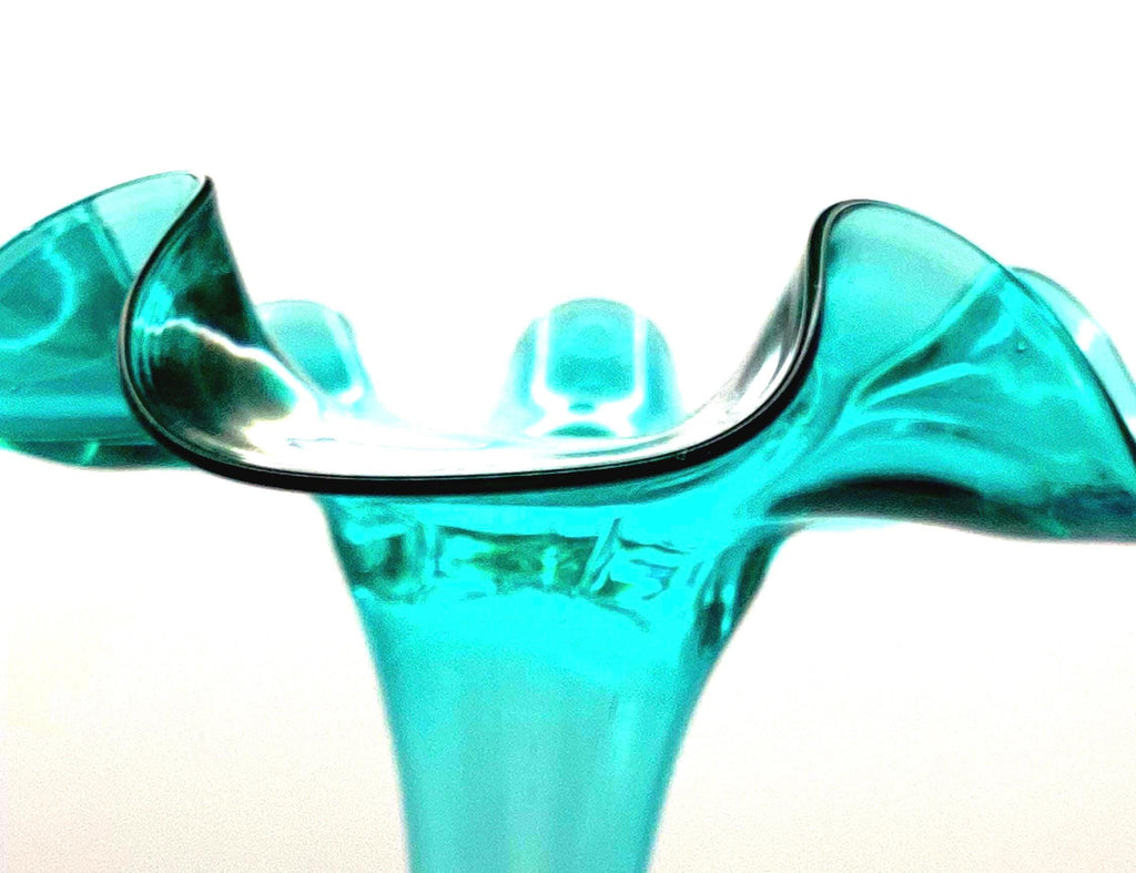 Reijmyre / Åfors, Sweden. Vintage Scandinavian Hand-Blown Ruffle Vase (26 cm)  Aqua Blue Art Glass