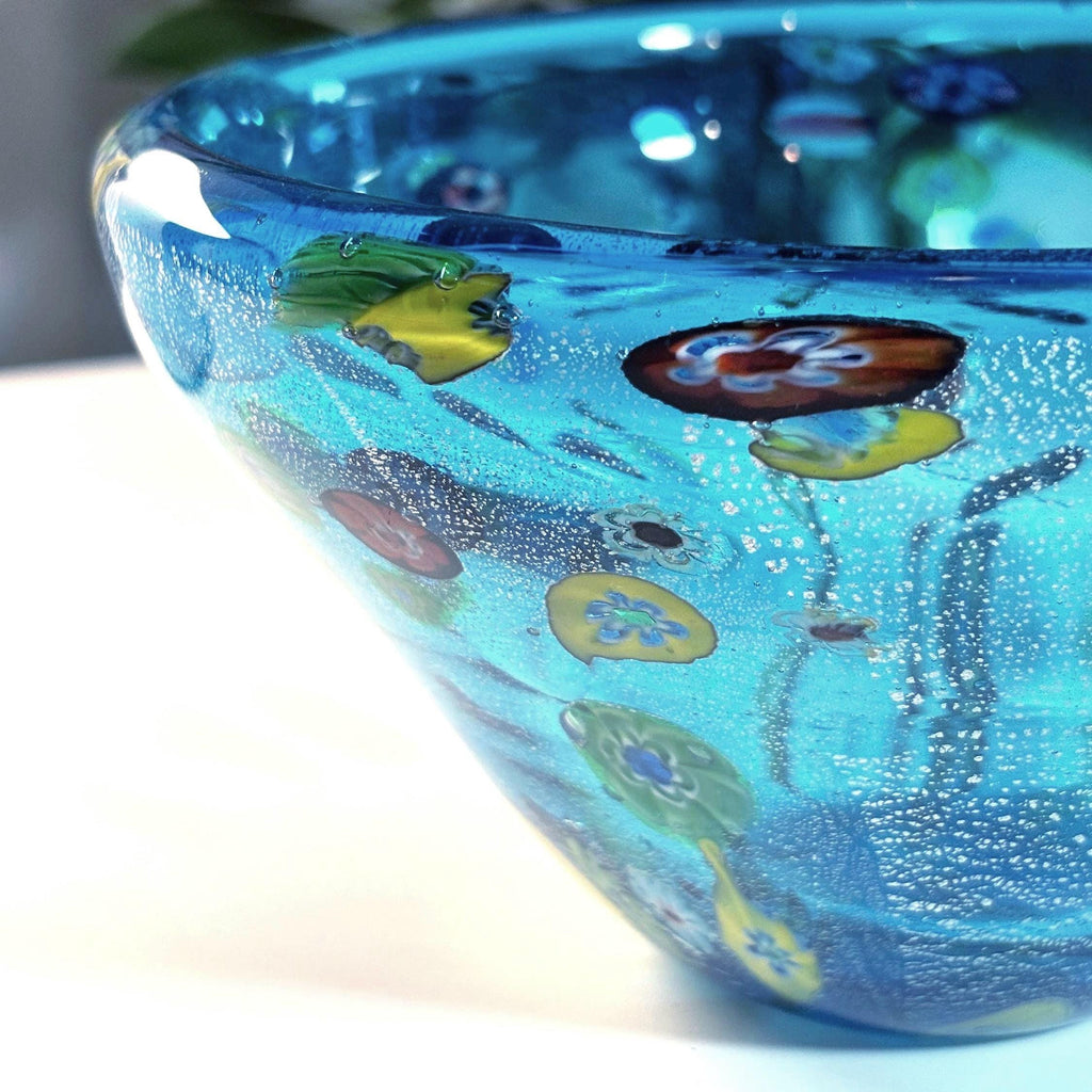Murano Millefiori Art Glass Bowl | Silver Aventurine Hand-Blown Venetian Centerpiece 6.1