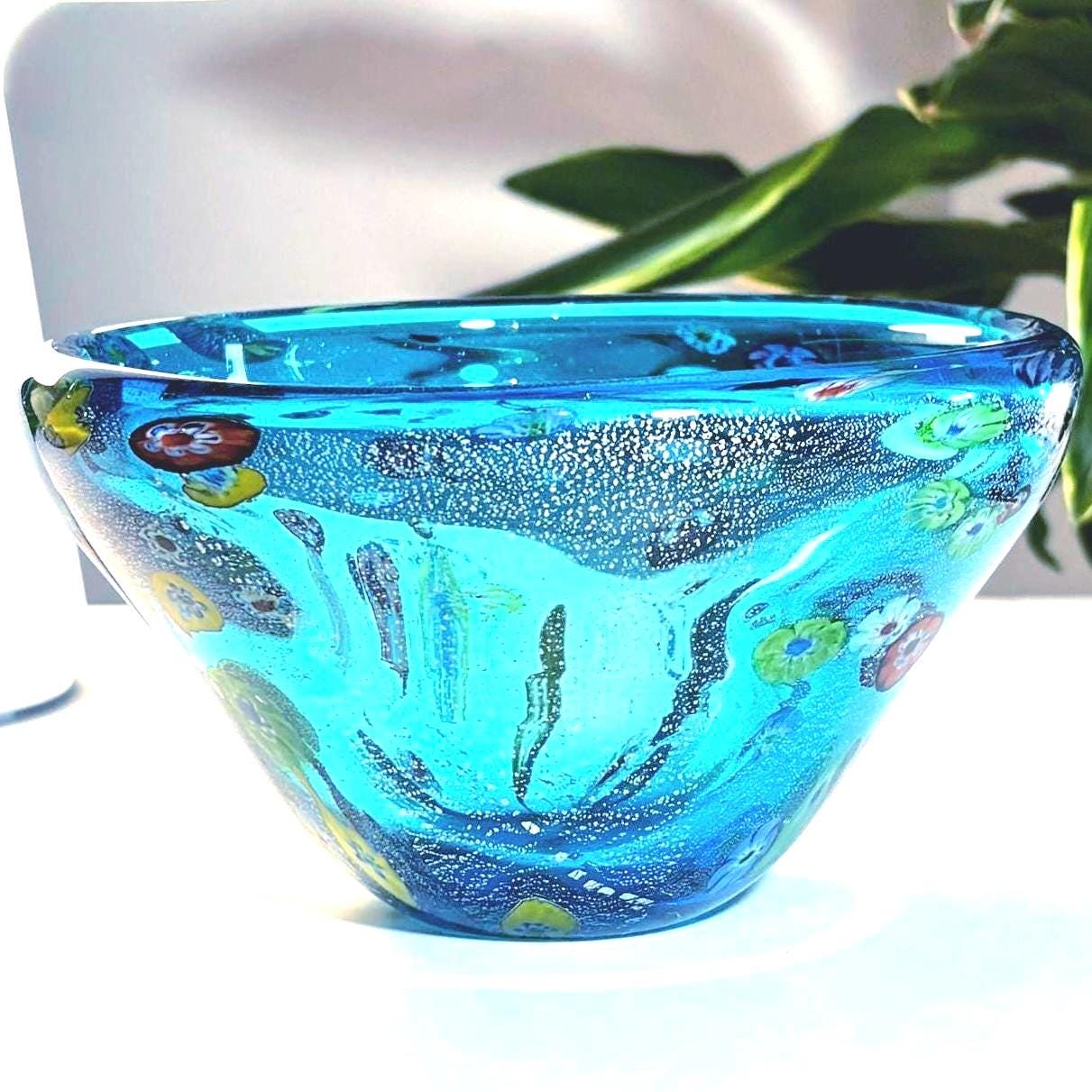 Murano Millefiori Art Glass Bowl | Silver Aventurine Hand-Blown Venetian Centerpiece 6.1