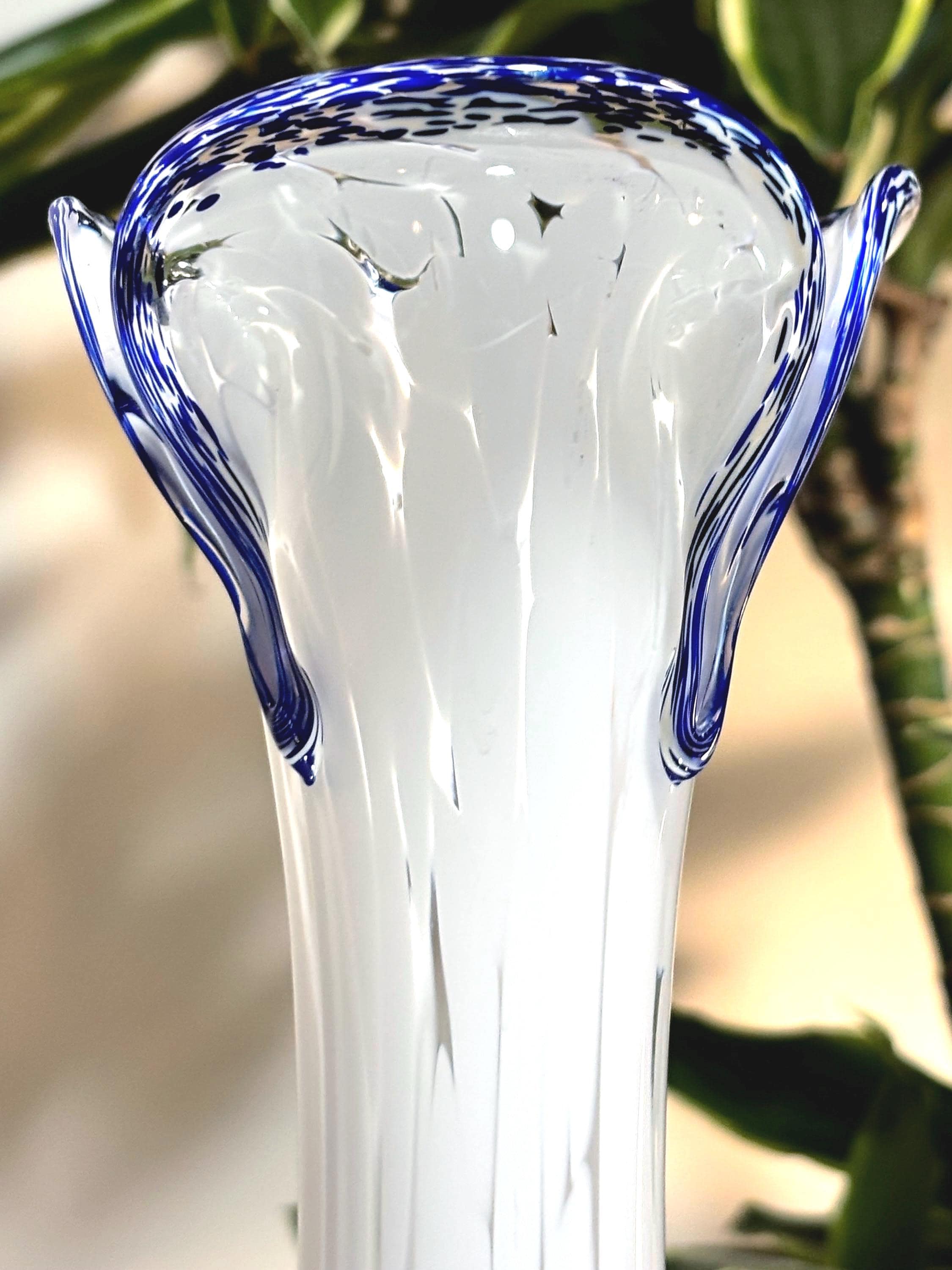 Murano Lattimo Art Glass Vase | Hand-Blown White Opaline Cobalt Blue Ruffle Rim