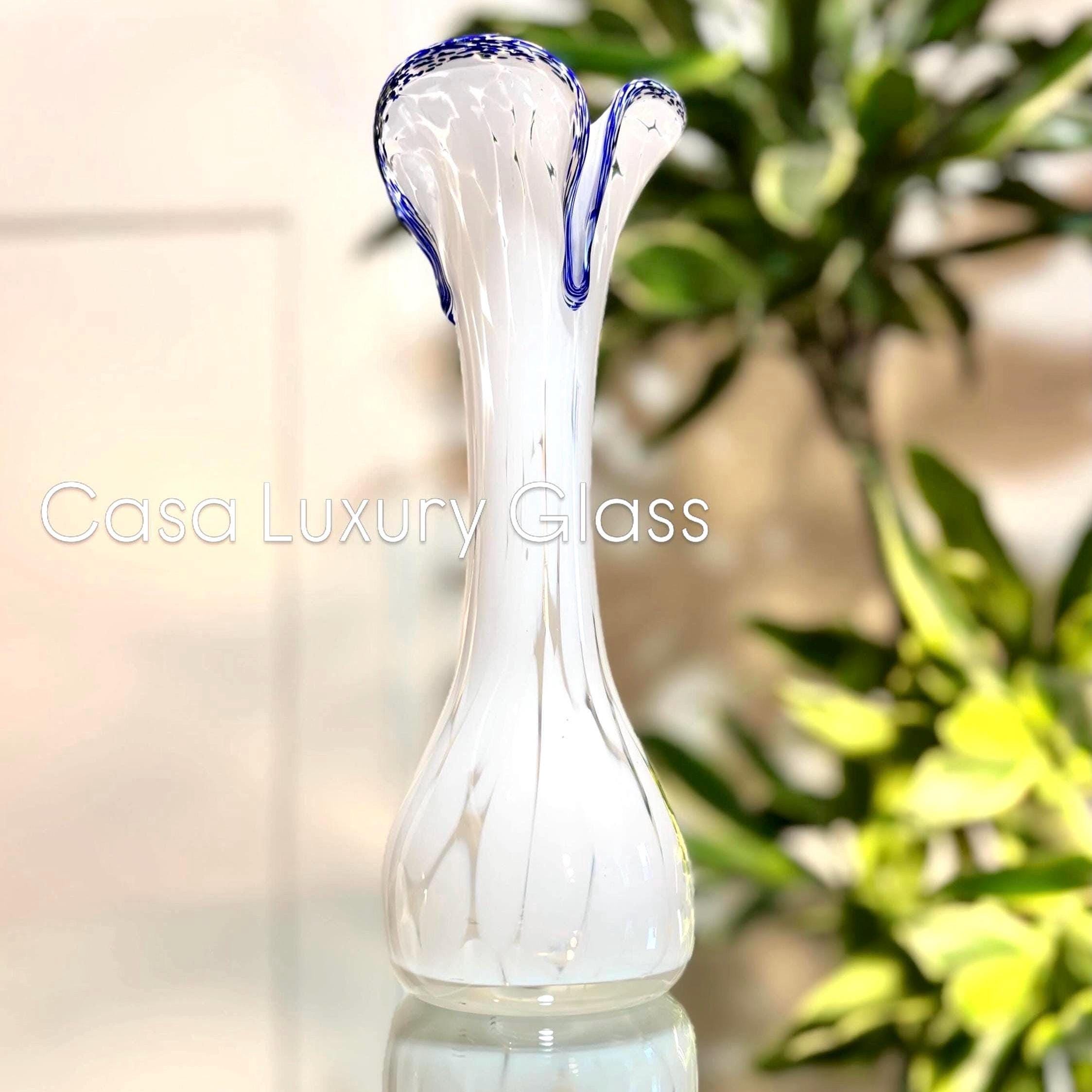 Murano Lattimo Art Glass Vase | Hand-Blown White Opaline Cobalt Blue Ruffle Rim