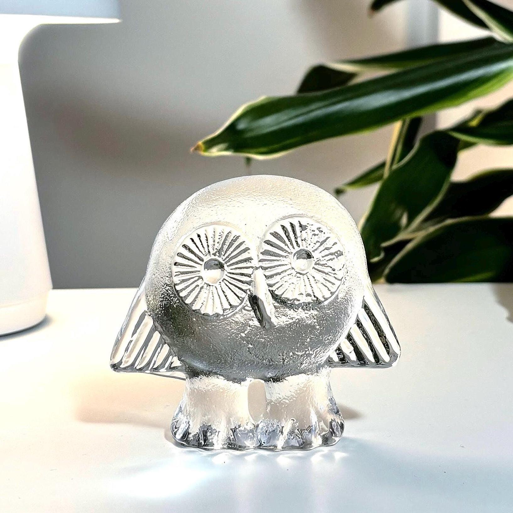 Lisa Larson Crystal Owl Figurine, Royal Krona Sweden, Scandinavian Glass Sculpture, Mid Century Modern