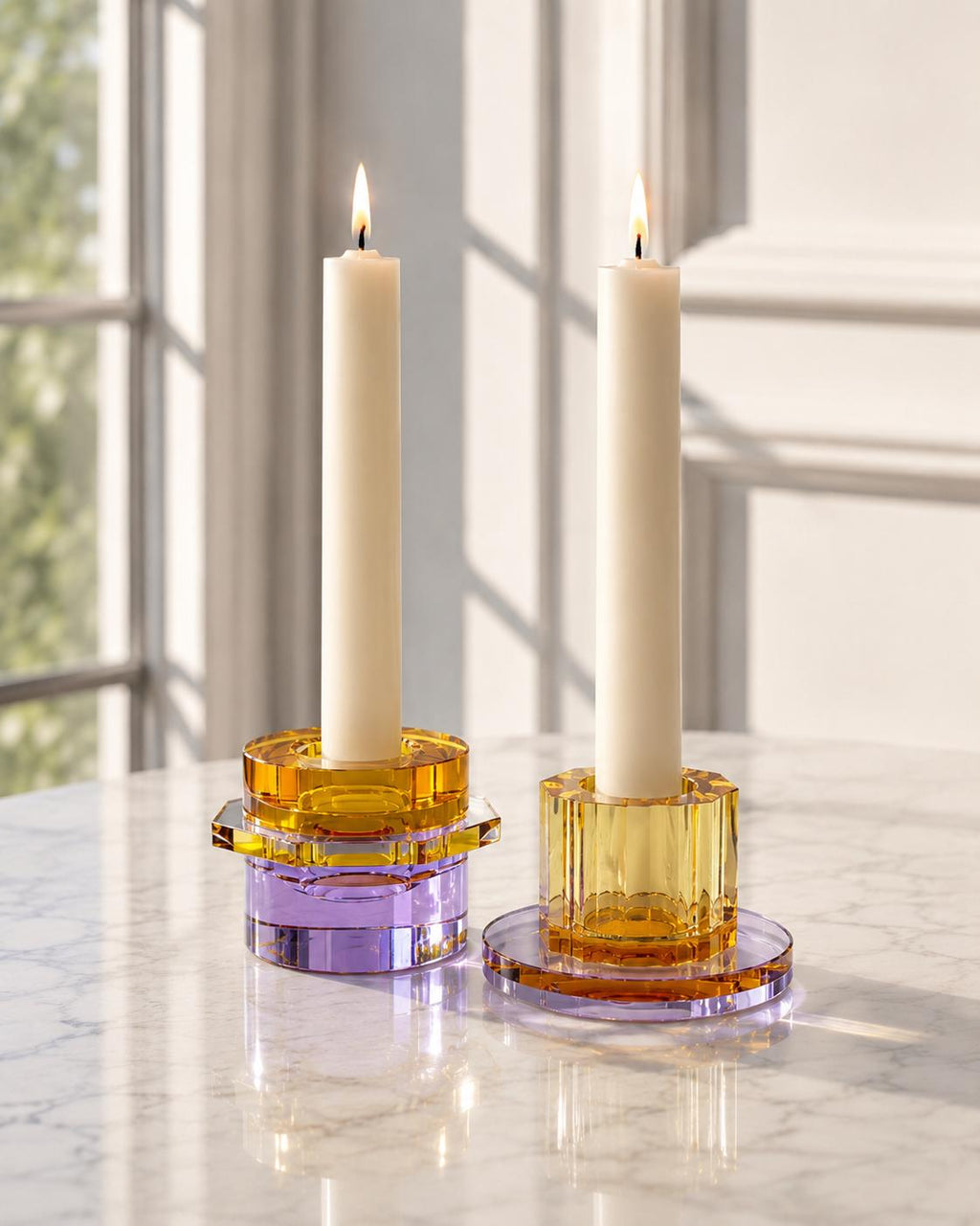 Hübsch Crystal Candleholders  Amber & Lilac Glass, Scandinavian Design, Original Gold Label