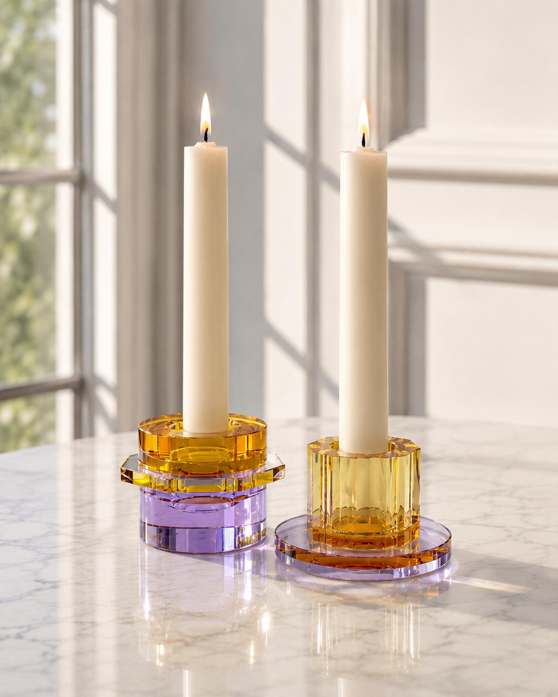 Hübsch Crystal Candleholders  Amber & Lilac Glass, Scandinavian Design, Original Gold Label