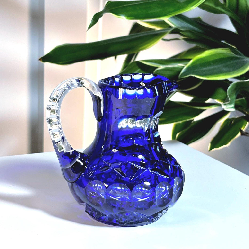 Cobalt Blue Lead Crystal Pitcher | Pinwheel Cut Bohemian Glass Jug