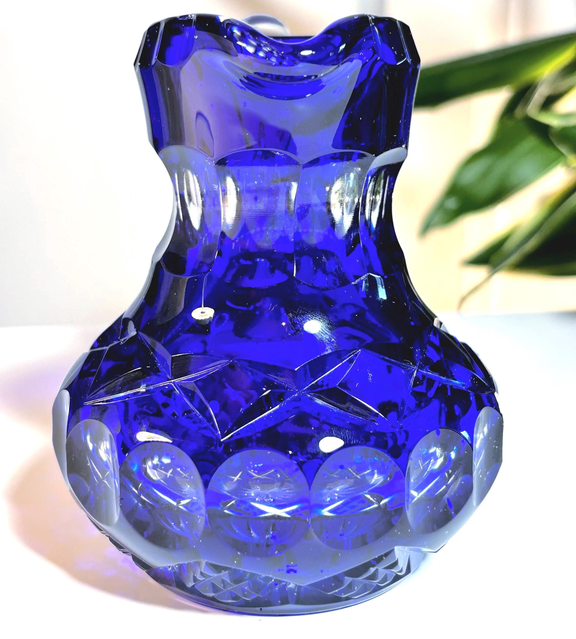 Cobalt Blue Lead Crystal Pitcher | Pinwheel Cut Bohemian Glass Jug