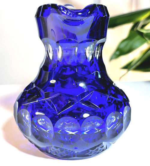 Cobalt Blue Lead Crystal Pitcher | Pinwheel Cut Bohemian Glass Jug