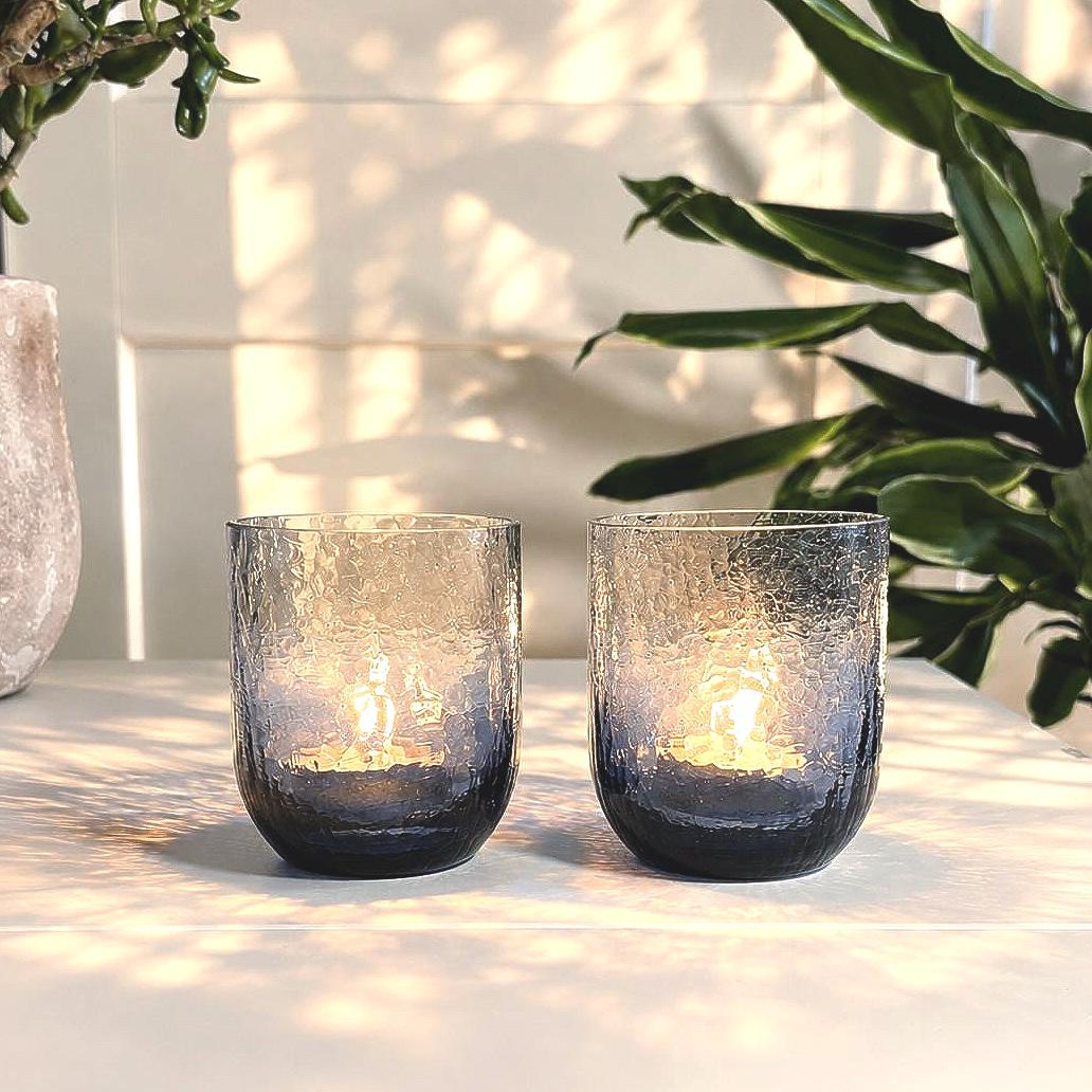 Vintage Scandinavian Crackle Glass Votive Holders | Amethyst Blue Ombre Nordic Art Glass Pair