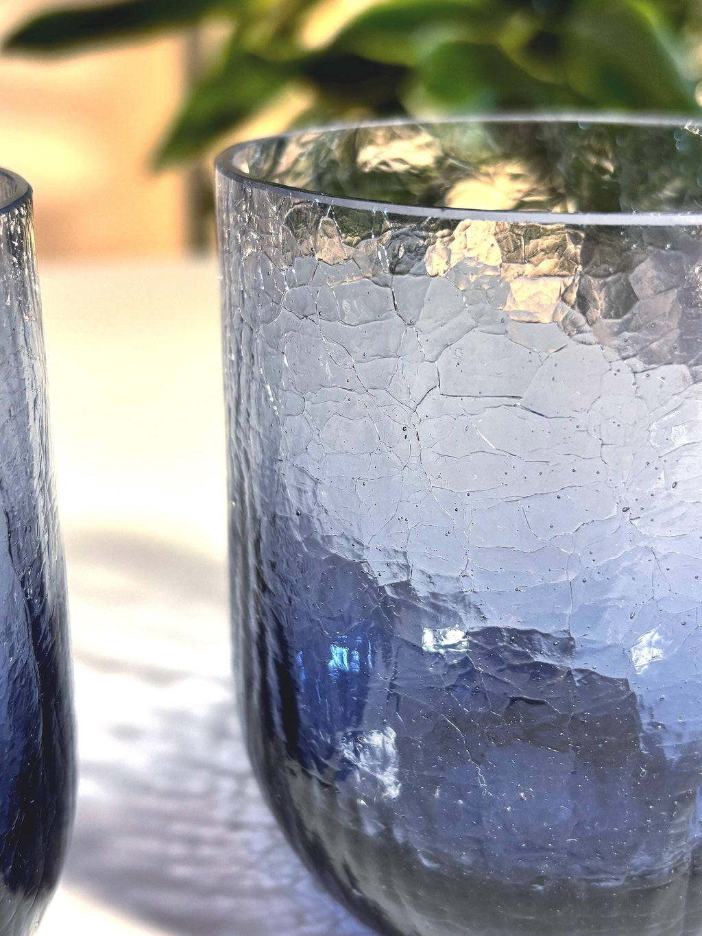 Vintage Scandinavian Crackle Glass Votive Holders | Amethyst Blue Ombre Nordic Art Glass Pair